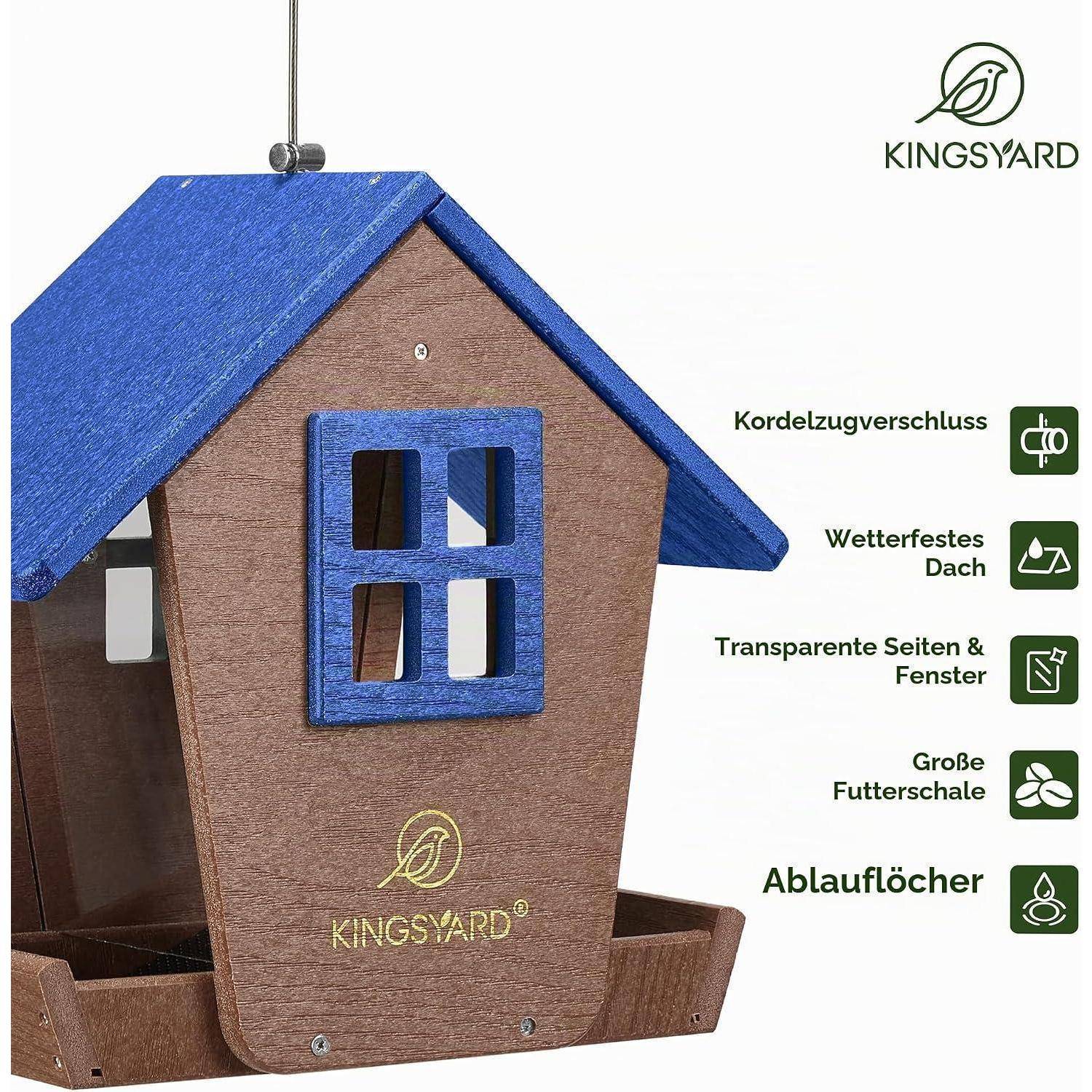 Kingsyard Vogelfutterhaus mit blauem wetterfestem Dach, transparenten Seitenpaneelen und großem Samenbehälter, beschriftet mit deutschen Funktionsbezeichnungen.