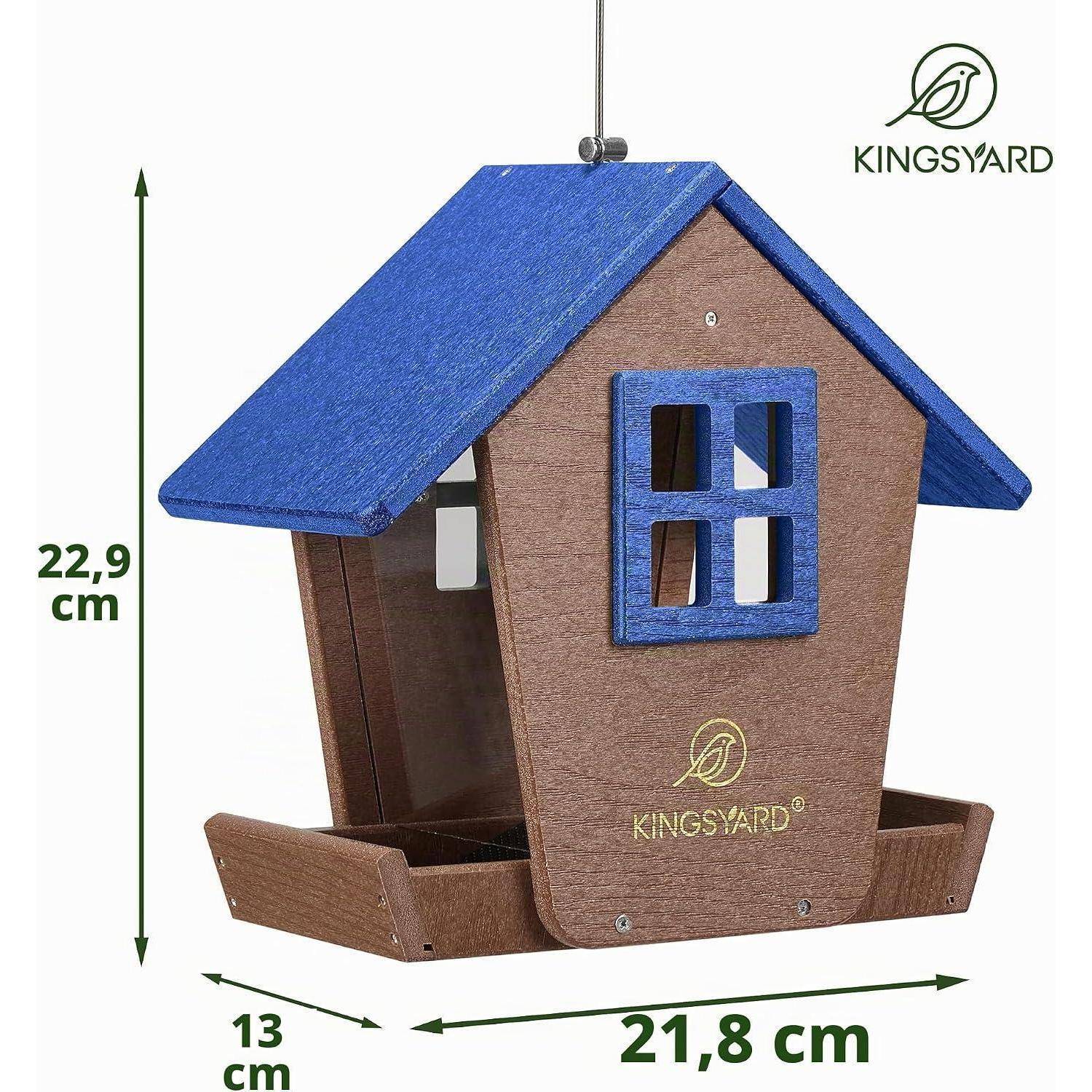 Braun-blaues Holz-Vogelfutterhaus mit Aufhängedraht, dargestellt mit den Abmessungen 22,9 cm Höhe, 21,8 cm Breite und 13 cm Tiefe.