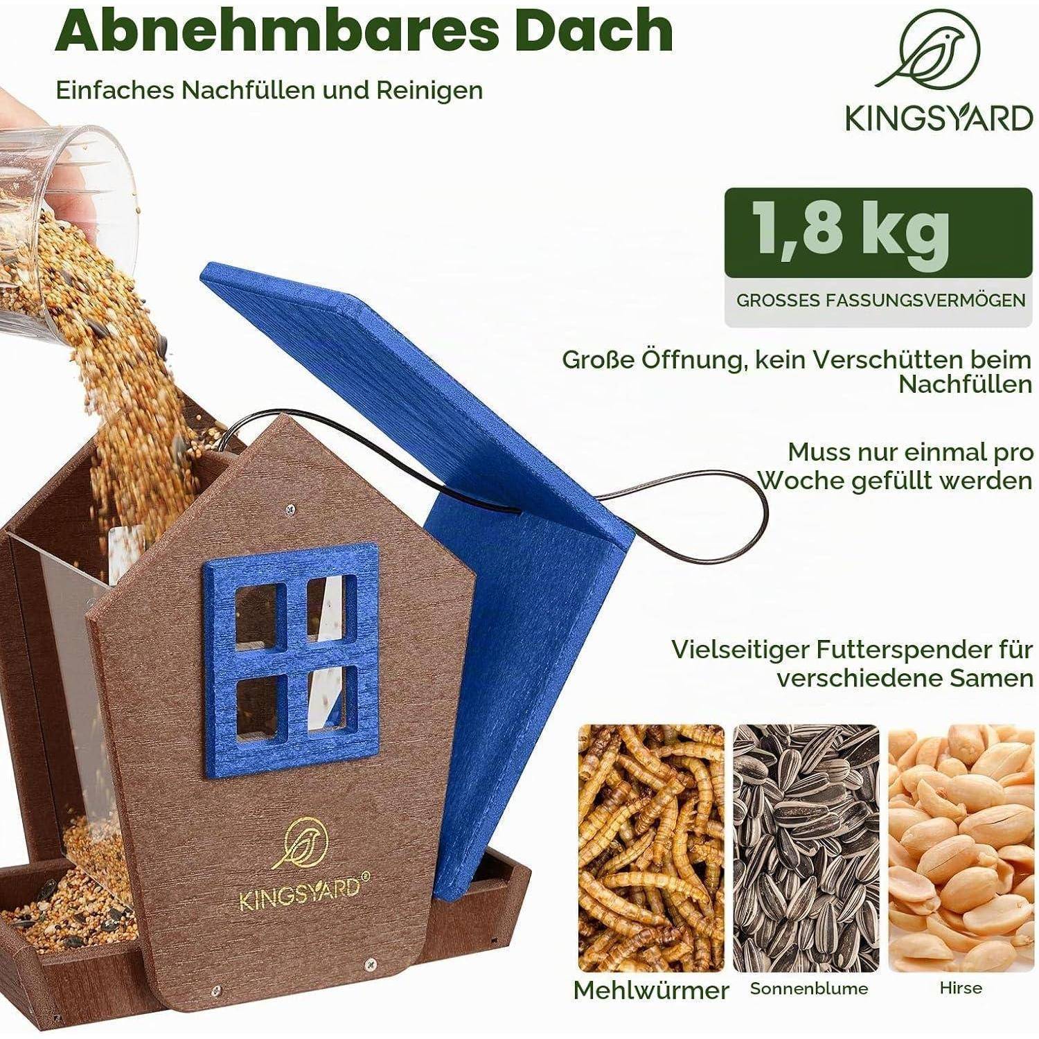 Werbeanzeige für einen KINGSYARD Vogelfutterhaus mit einem hausförmigen Futterhaus mit klappbarem Dach; Der Text hebt das abnehmbare Dach, einfaches Nachfüllen und Reinigen, 1,8 kg Fassungsvermögen und die Verwendung für Mehlwürmer, Sonnenblumenkerne und Hirse hervor.