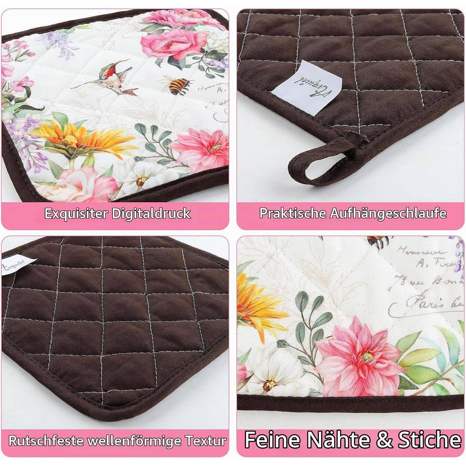 # Vierteiliege Produktabbildung einer floralen gesteppten Matte mit rutschfester Wellentextur, Aufhängeschlaufe und feiner Steppnaht, auf Deutsch beschriftet.