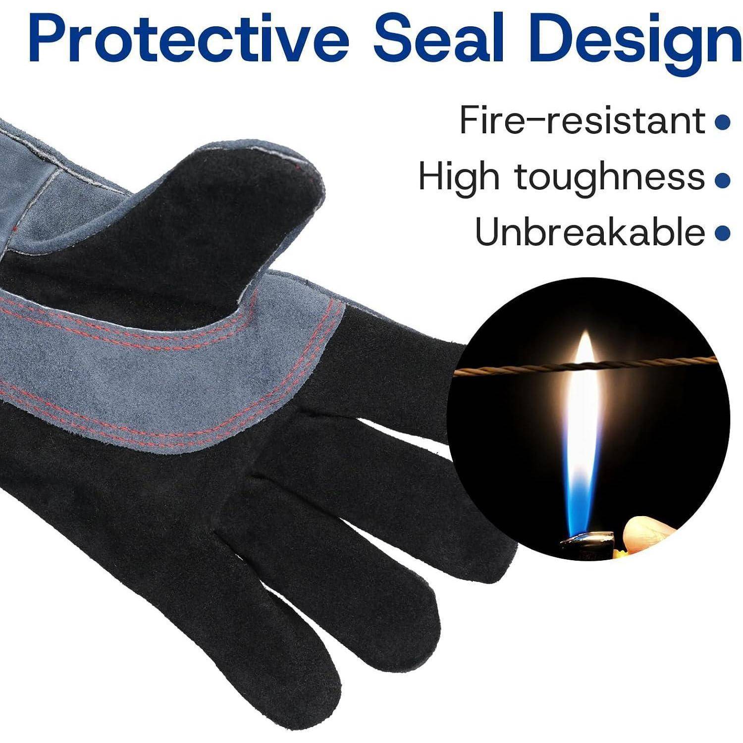 Schutzhandschuh mit Dichtungsdesign, gekennzeichnet als feuerbeständig, hochfest und bruchsicher, mit Flammentestausschnitt.