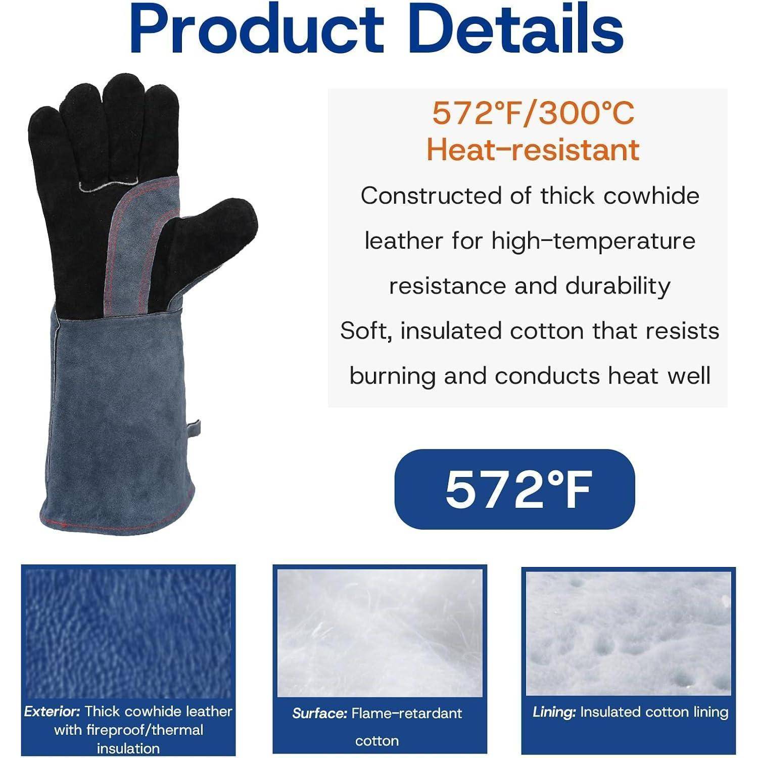 Produktdetails für einen hitzebeständigen Handschuh mit einer Bewertung von 572°F/300°C, hergestellt aus dickem Rindsleder mit isolierter Baumwollausstattung.