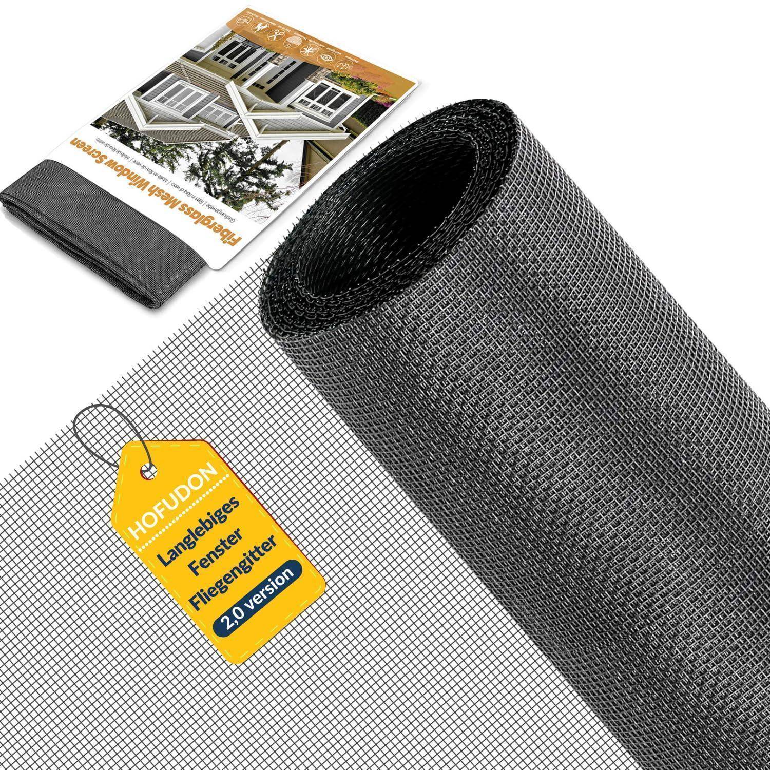 Gerolltes schwarzes Glasfaser-Insektenschutznetz mit Produktetikett und Verpackung für Fenster und Türen.