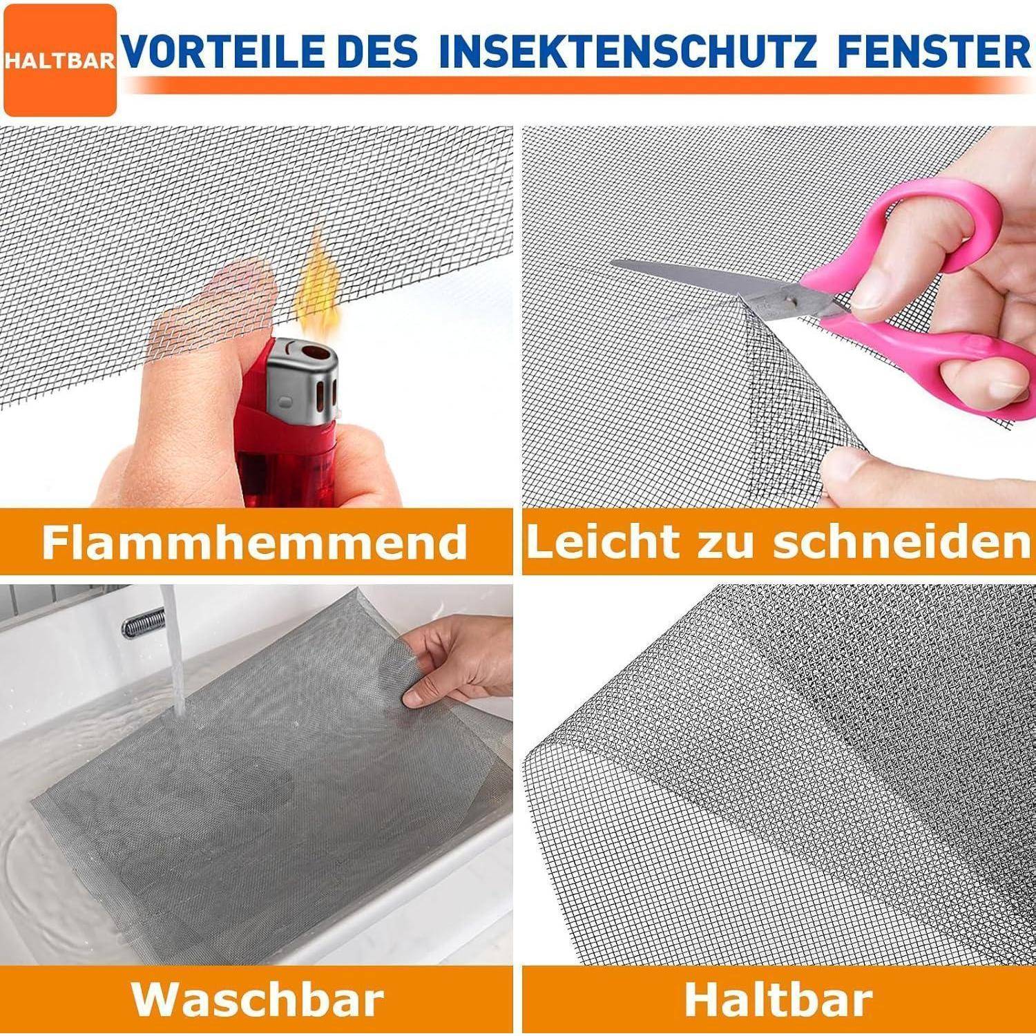 Deutsches Produktgrafik für Insektenschutzgitter mit folgenden Vorteilen: Flammhemmend, einfach zu schneiden, waschbar und langlebig.