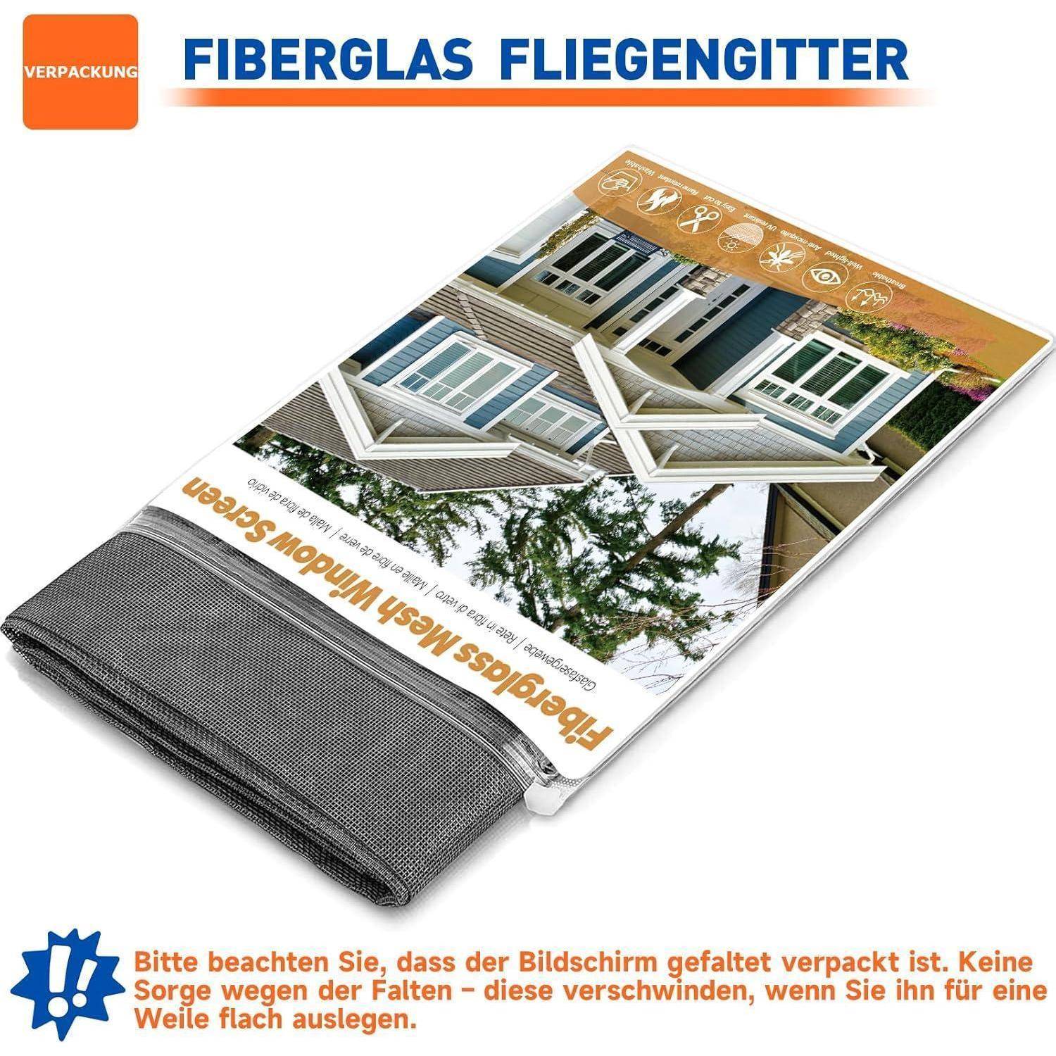 Gefalteter Glasfaser-Insektenschutz in Rollenform verpackt, gezeigt mit Produktetikett und deutscher Notiz, dass die Falten nach der Installation verschwinden.