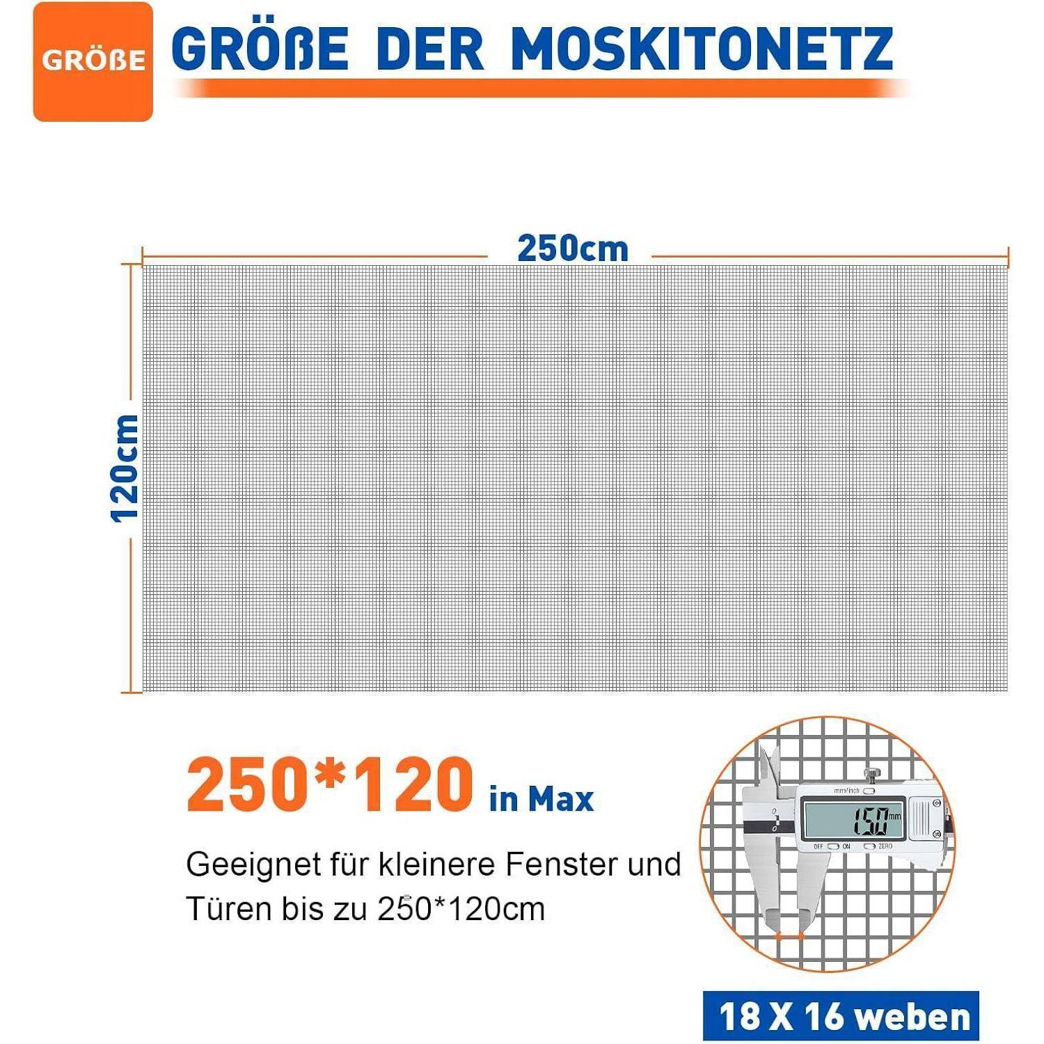 Deutsches Größendiagramm für ein Moskitonetz mit maximalen Abmessungen von 250 x 120 cm, geeignet für kleine Fenster und Türen; beinhaltet eine Schieblehre mit Maßen von 18 x 16 Maschen.