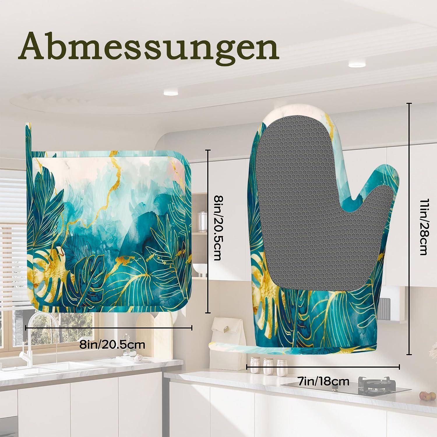 Küchenhandschuh und Topflappen mit Abmessungen dargestellt: Topflappen 8 Zoll/20,5 cm Quadrat, Handschuh 11 Zoll/28 cm groß und 7 Zoll/18 cm breit.