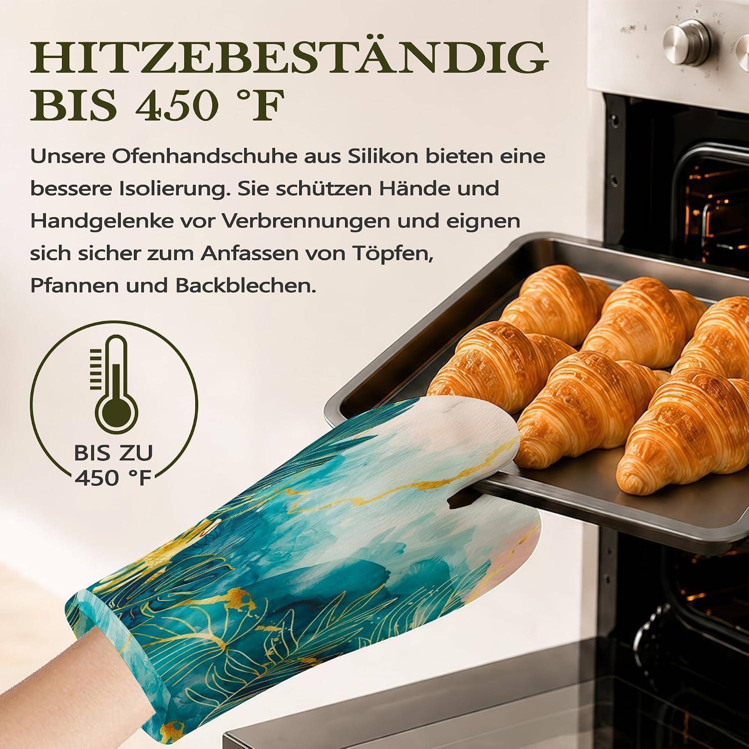 Ofenhandschuhe & Topflappen 4er Set Hitzebeständig Silikon Rutschfest Aquarell Monstera