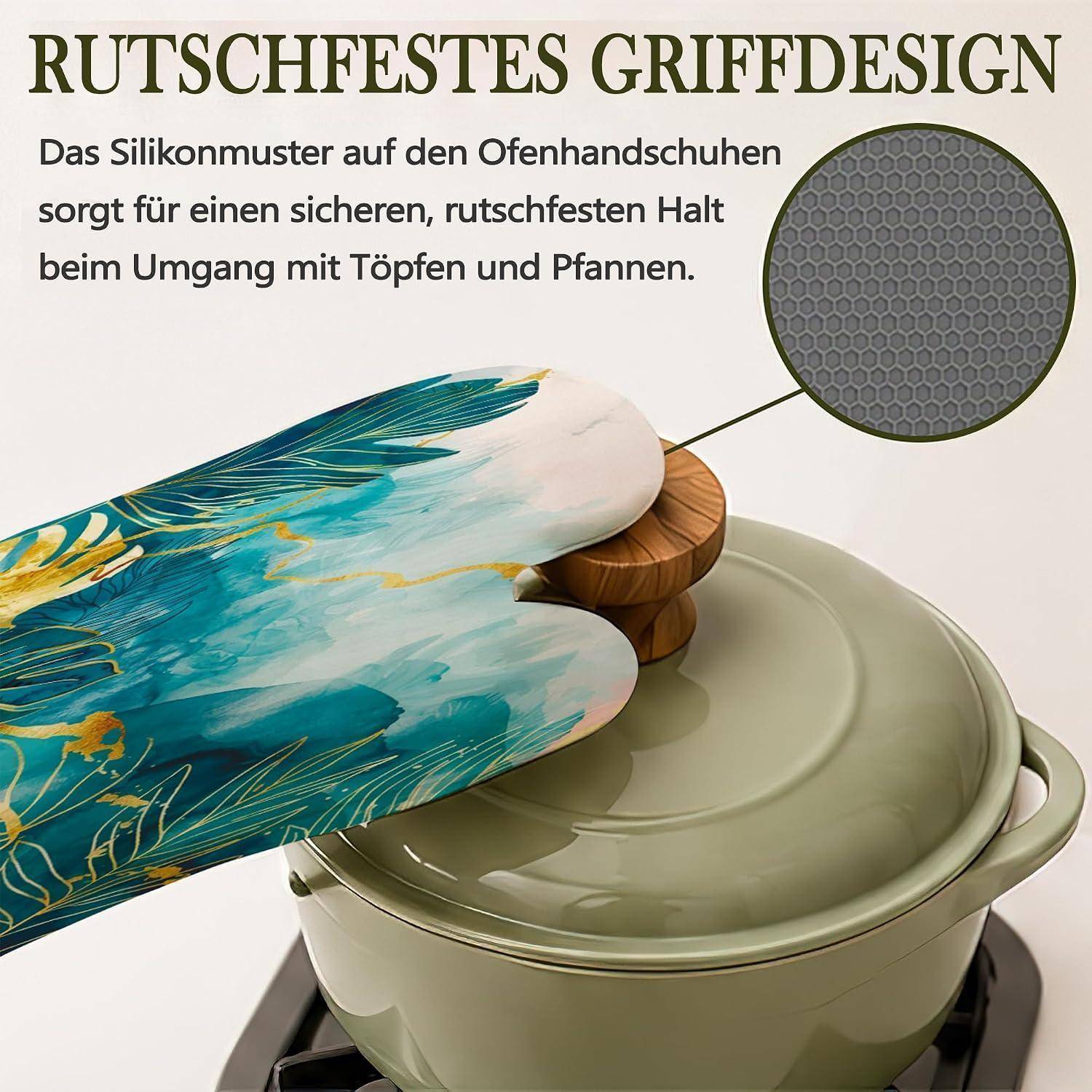 Ein Silikon-Ofenhandschuh greift einen Topfdeckel und zeigt ein rutschfestes Griffdesign; eine Einblendung hebt die strukturierte Oberfläche hervor.