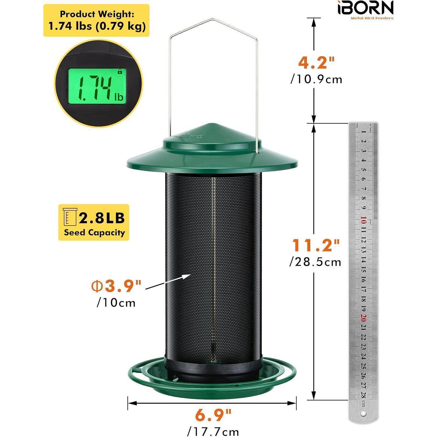 Produktbild eines grünen und schwarzen iBORN-Samenspendes mit beschrifteten Abmessungen: 11,2 Zoll Höhe, 6,9 Zoll Breite, 3,9 Zoll Durchmesser, 2,8 lb Samenkapazität, 1,74 lb Produktgewicht.