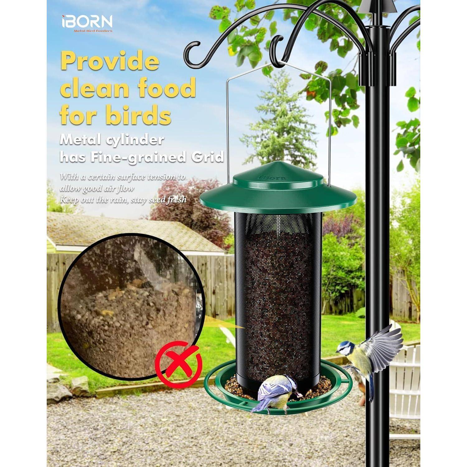 Tragbares Vogelfutterhaus zum Aufhängen mit metallischem Zylinder und feinem Gitter, dargestellt in einem Garten mit fressenden Vögeln; der Werbungstext besagt „Bieten Sie Vögeln sauberes Futter an