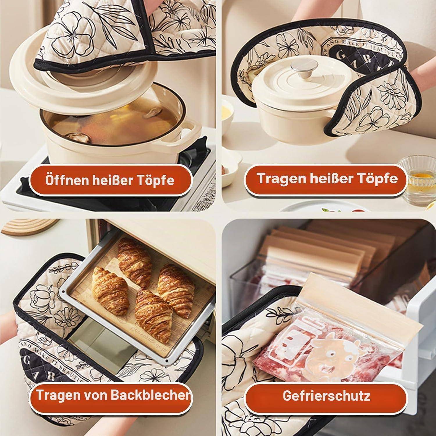 Vierteiliges Produktbild mit isolierten Ofenhandschuhen zum Anfassen von heißen Töpfen, zum Tragen von heißem Kochgeschirr, zum Bewegen von Backblechen und zum Schutz vor Kältekammer-Kälte.