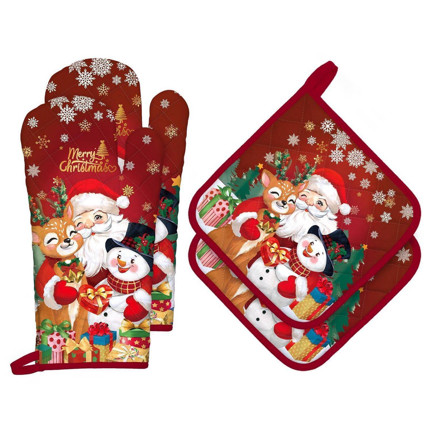 Weihnachts-Ofenhandschuh und Topflappen-Set mit Weihnachtsmann, Rentier und Schneemann auf rotem Schneeflocken-Hintergrund mit der Aufschrift „Frohe Weihnachten