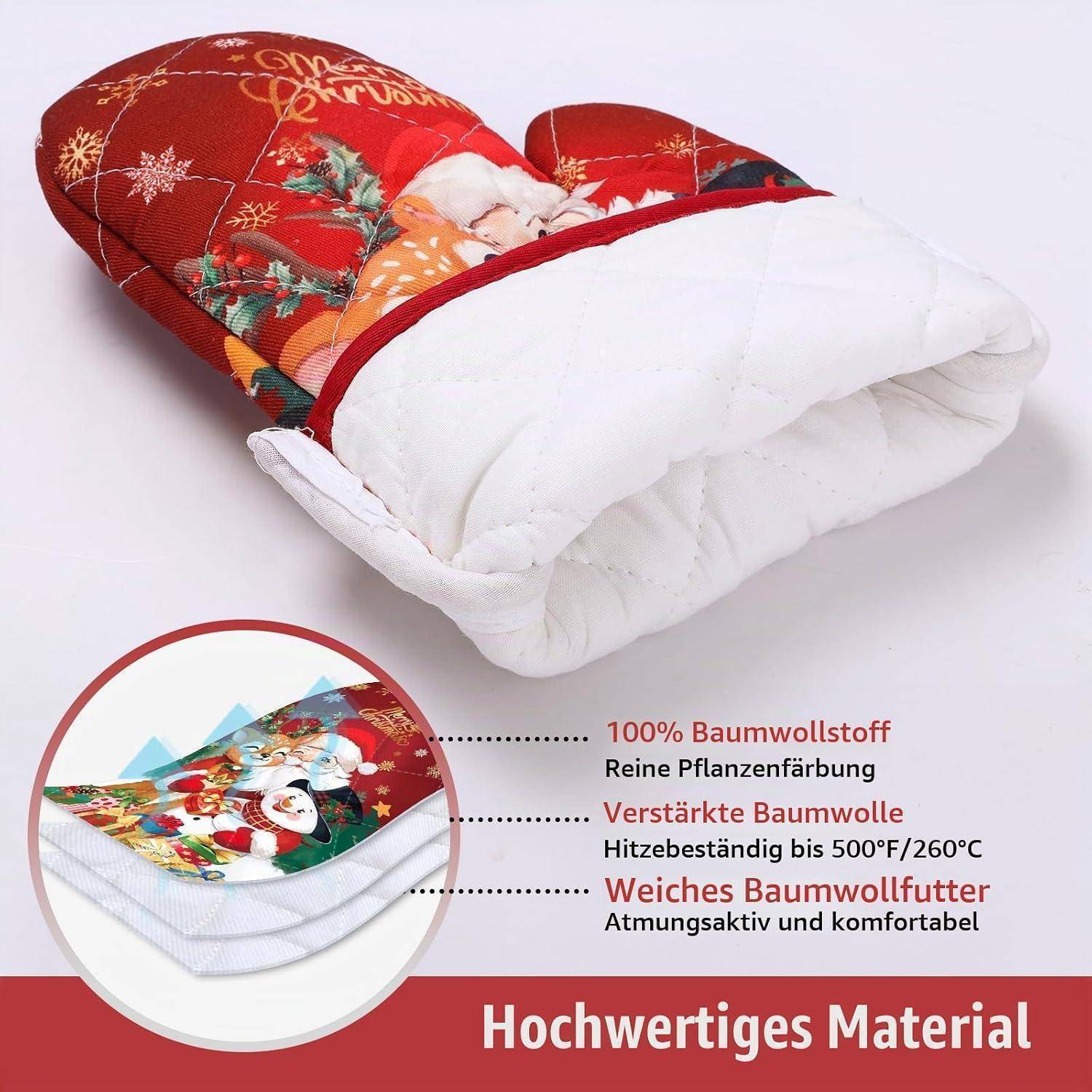 Rot-weißer gesteppter Ofenhandschuh mit Weihnachtsmuster; die Vergrößerung zeigt das geschichtete Baumwollmaterial und deutschen Text „Hochwertiges Material