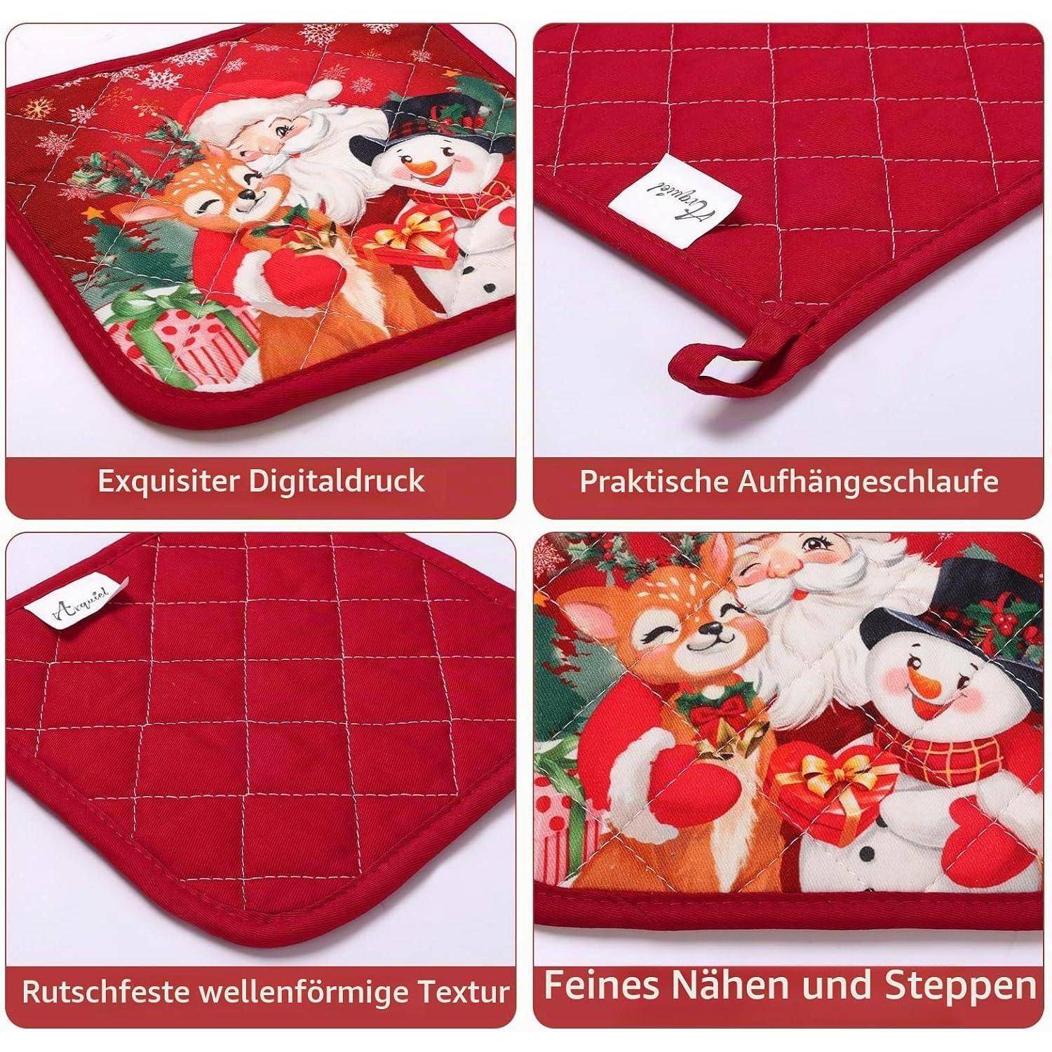 Rotes Weihnachtsstuhlkissen mit Weihnachtsmann-, Rentier- und Schneemann-Motiv, gesteppter rutschfester strukturierter Rückseite, Aufhängerschlaufe und dekorativer Naht.