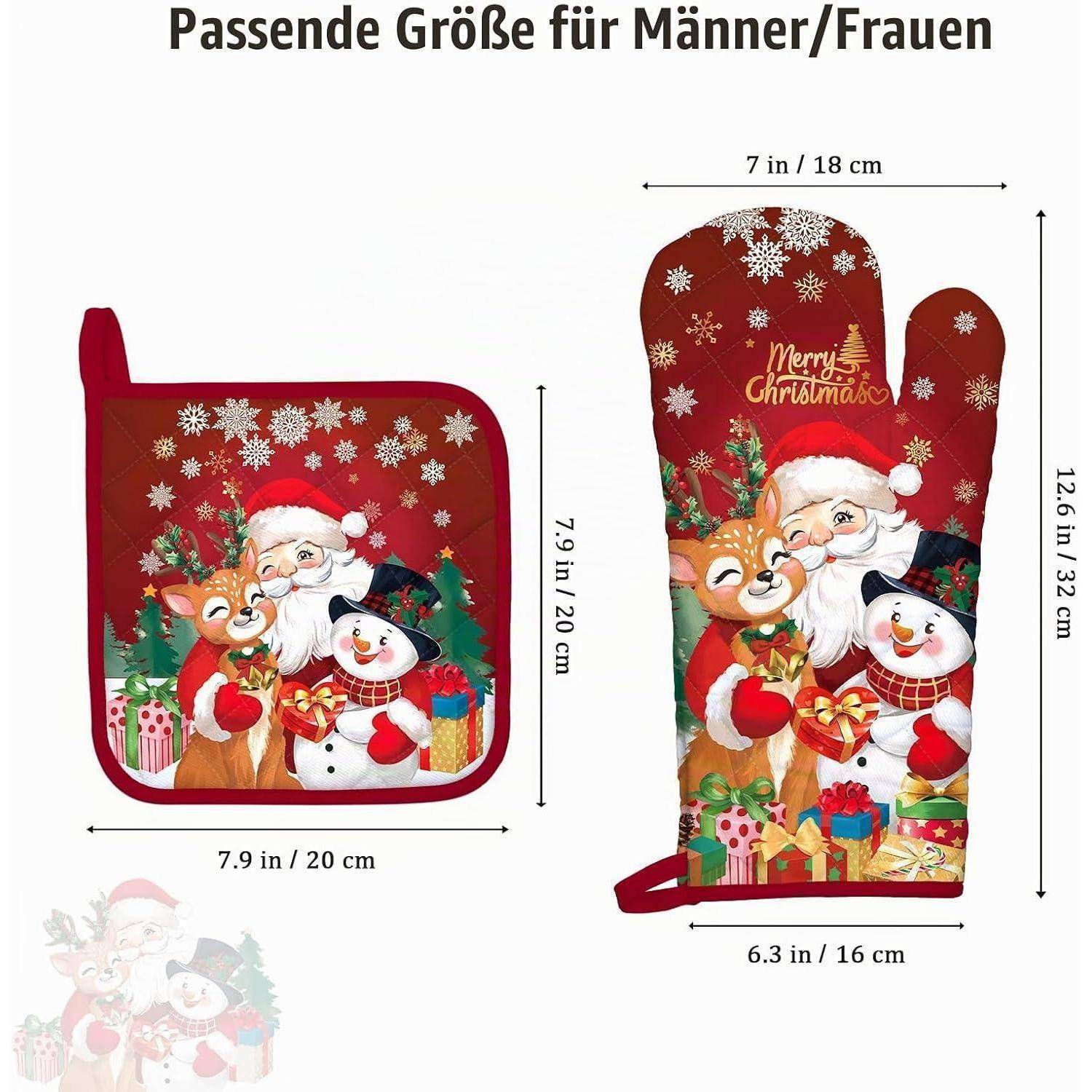 Größenleitfaden für Weihnachtskochmittel und Topflappen mit Weihnachtsmann, Rentier und Schneemann, mit Abmessungen in Zoll und Zentimetern angezeigt.
