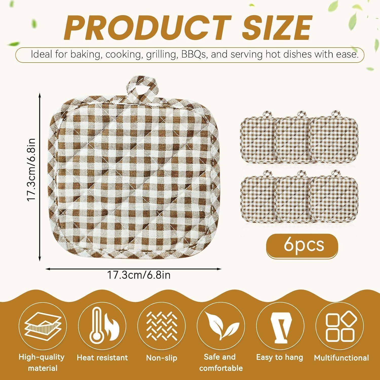 Größentabelle für karierte Topflappen: Jedes quadratische Polster misst 17,3 cm x 17,3 cm (6,8 Zoll); Das Set enthält 6 Stück mit Funktionssymbolen für Wärmeschutz, Rutschfestigkeit und einfaches Aufhängen.