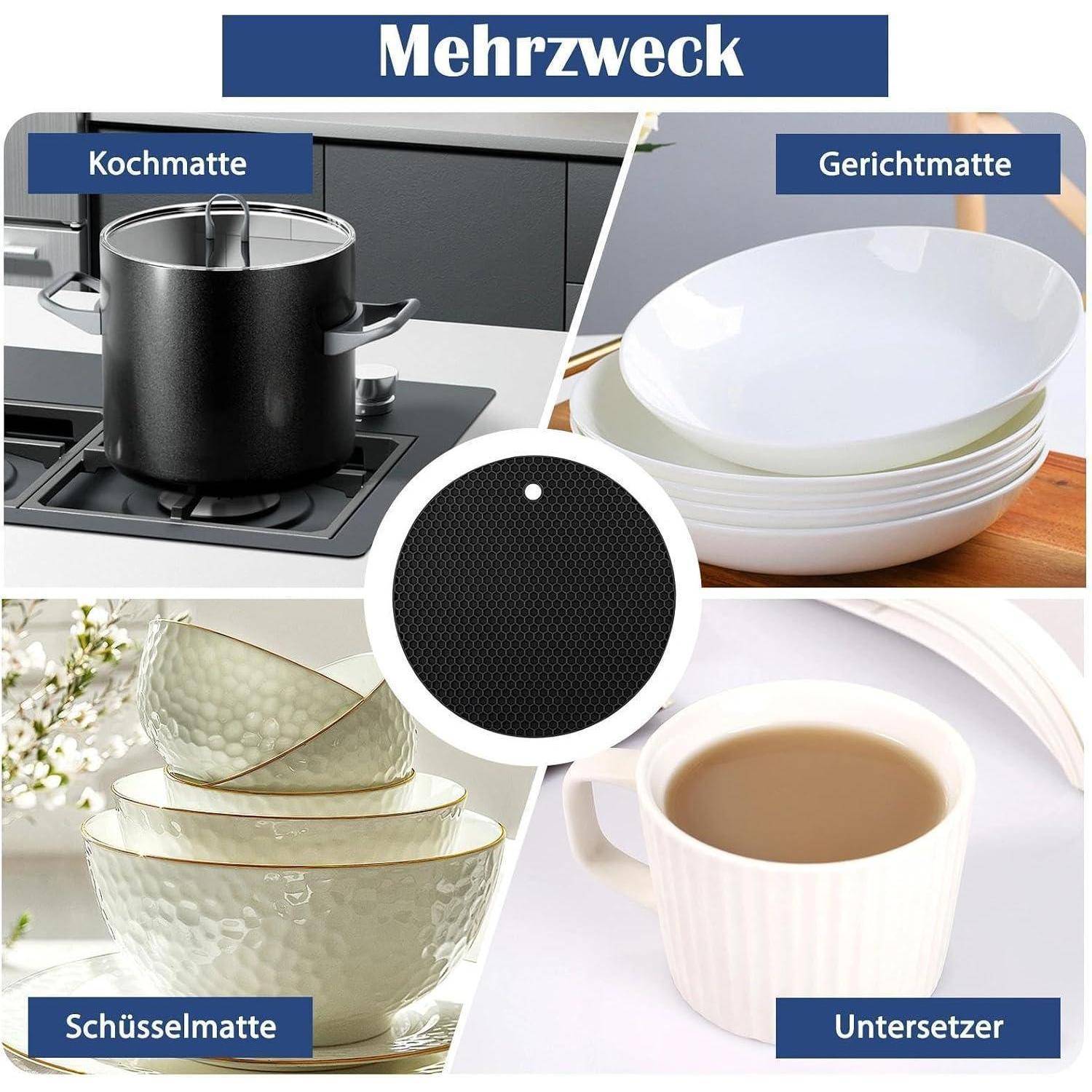 Collage zeigt eine multifunktionale runde Matte, die als Topfuntersetzer, Platzmatte, Schüsselmatte und Tassenuntersetzer verwendet wird, beschriftet auf Deutsch mit „Mehrzweck