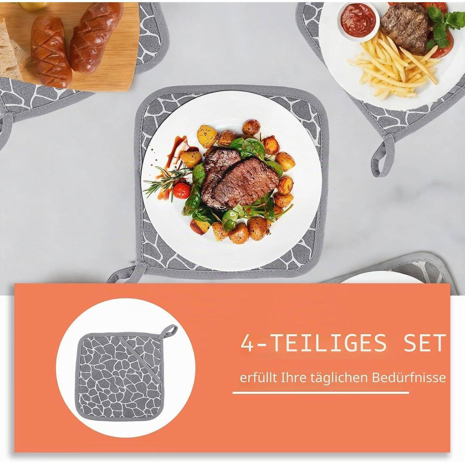 4-teiliges Topflappen-Set mit grauem Muster und Tischgedeck mit den Texten „4-TEILIGES SET