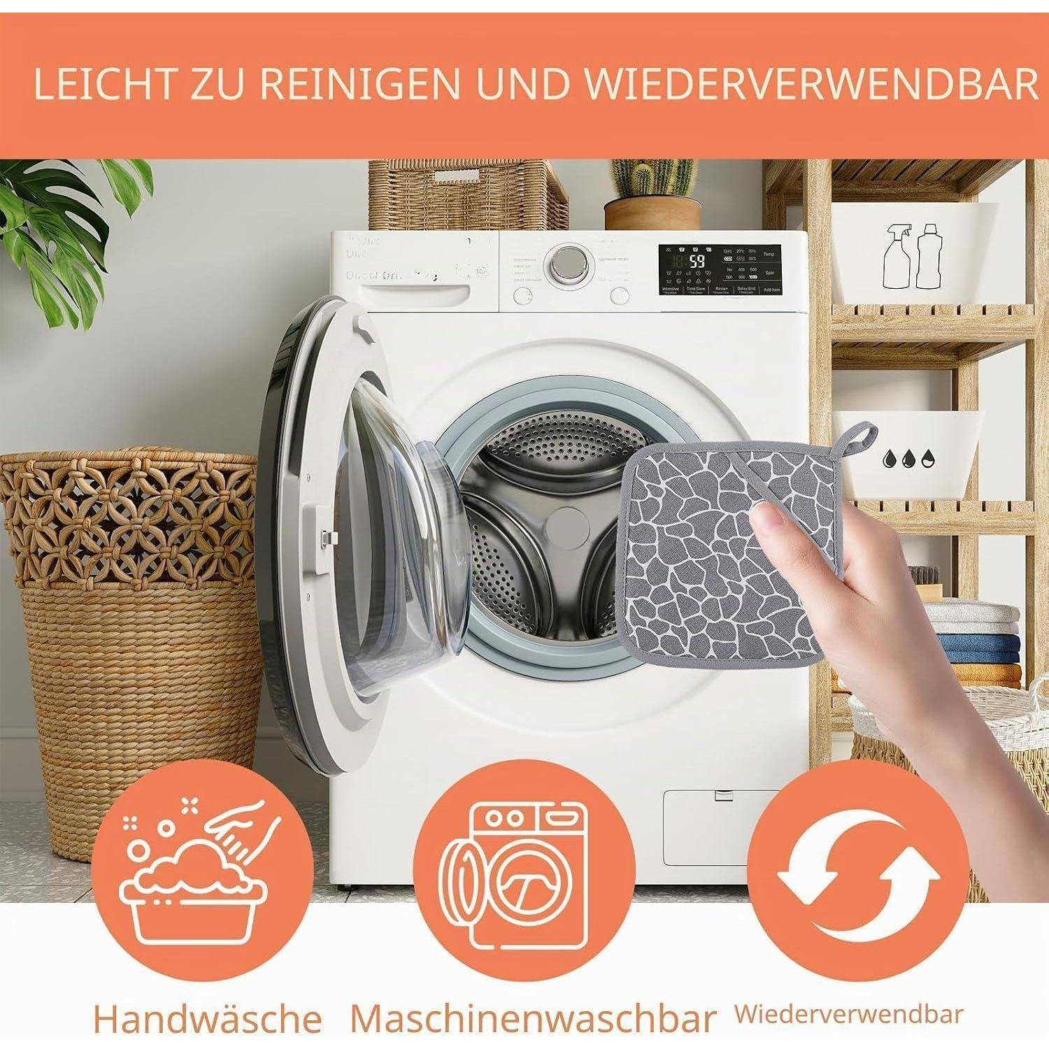 Wiederverwendbares graues Reinigungstuch vor einer Waschmaschine, mit deutschem Text „Leicht zu reinigen und wiederverwendbar
