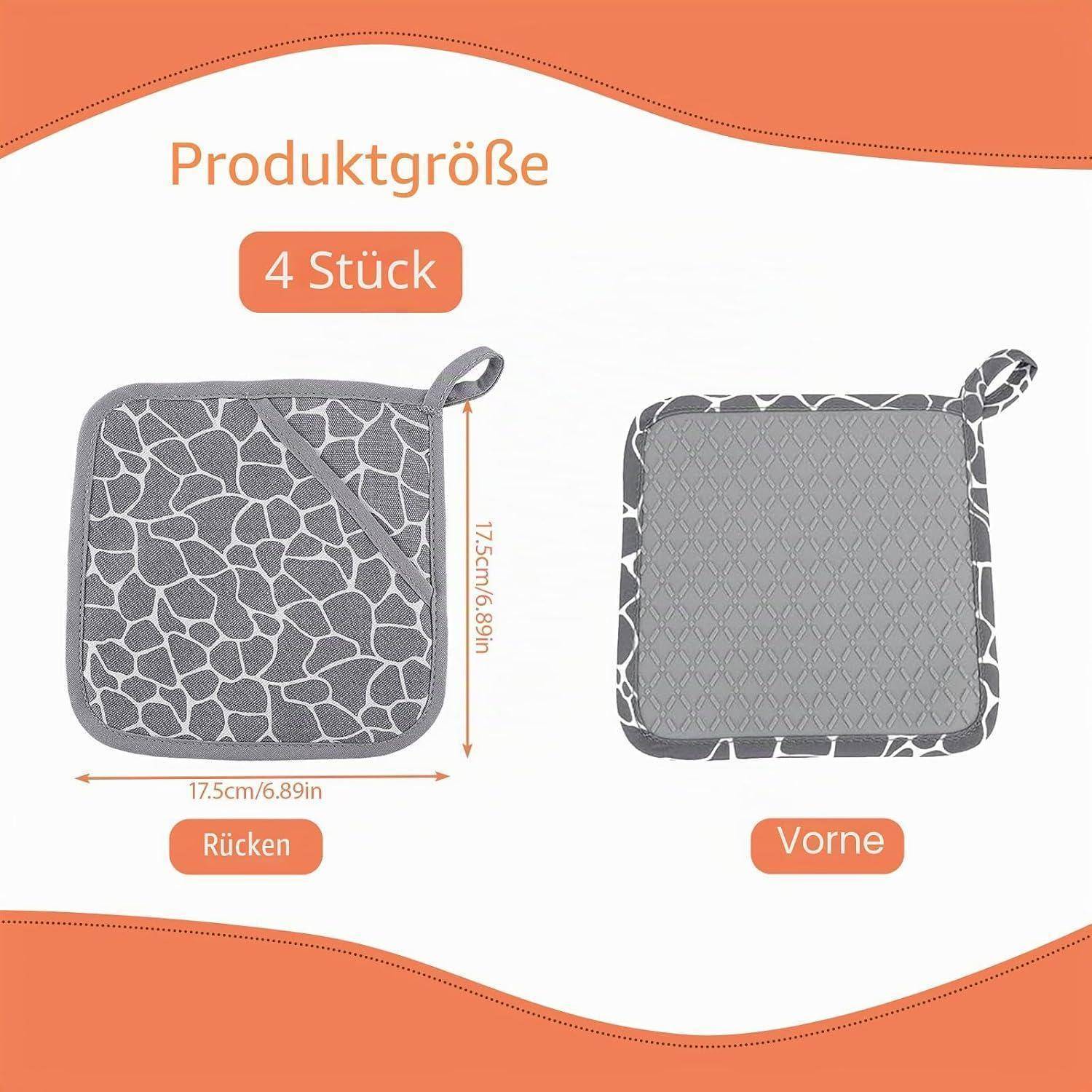 Produktgrößendiagramm mit einem 4-teiligen Set quadratischer Stuhlkissen: Rück- und Vorderansichten, je 17,5 cm x 17,5 cm, gekennzeichnet mit „Rücken
