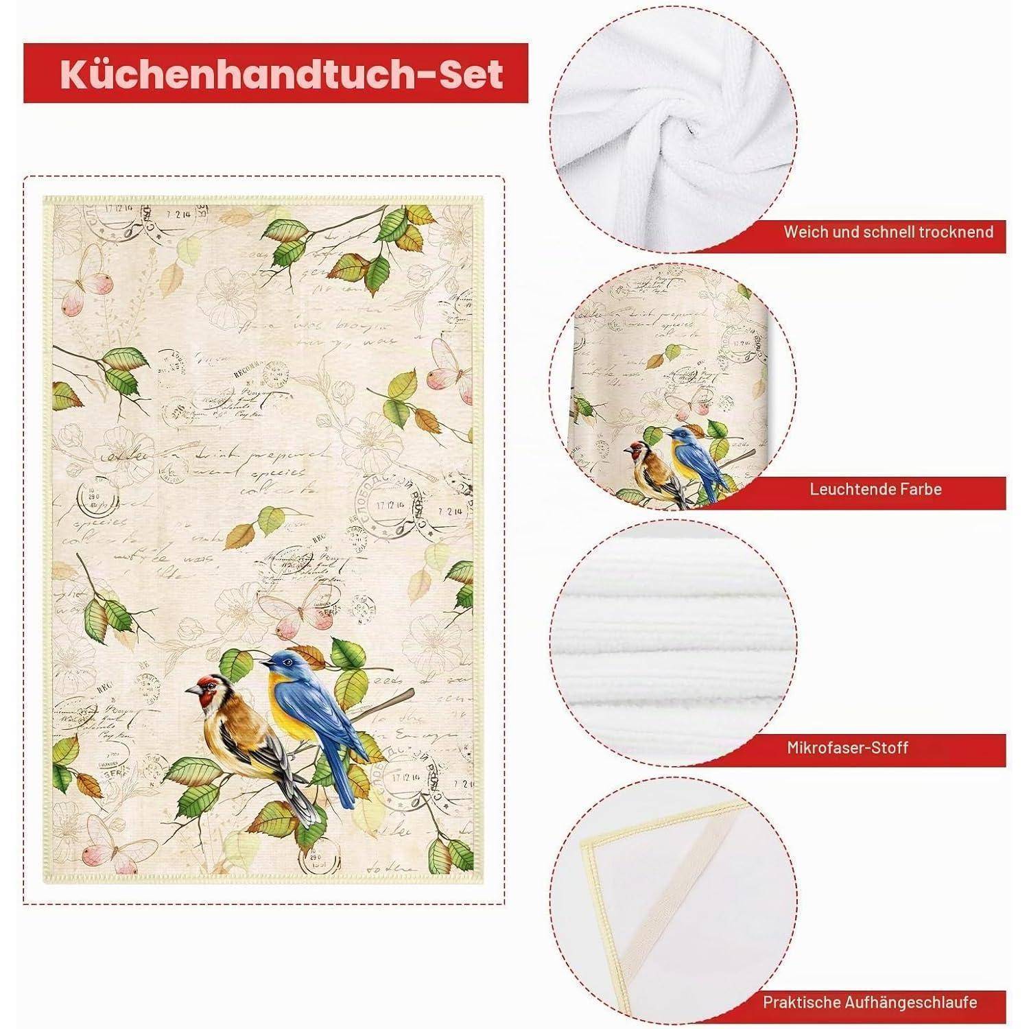 Küchentuchset mit Vogel- und Blatmotiv, gezeigt mit Mikrofasertextur und Aufhängeschleife; Beschriftungen sagen weich, schnelltrocknend, lebendige Farbe und Mikrofaserstoff.