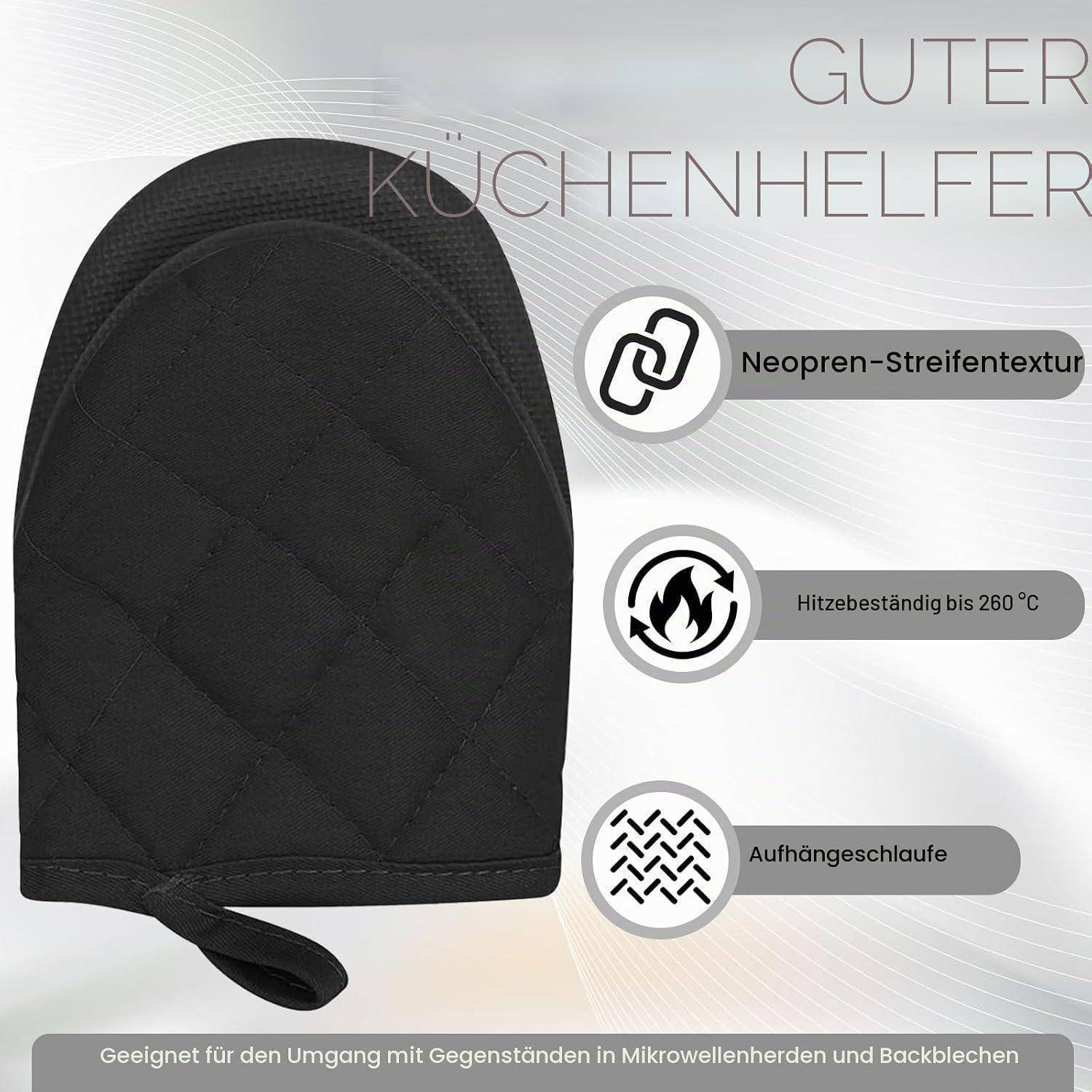 Schwarzer gesteppter Ofenhandschuh mit Aufhängeschlaufe, im Deutschen als Küchenhelfer gekennzeichnet; Symbole verweisen auf Neopren-Streifen-Textur, Hitzebeständigkeit bis 260°C und Mikrowellensicherheit.