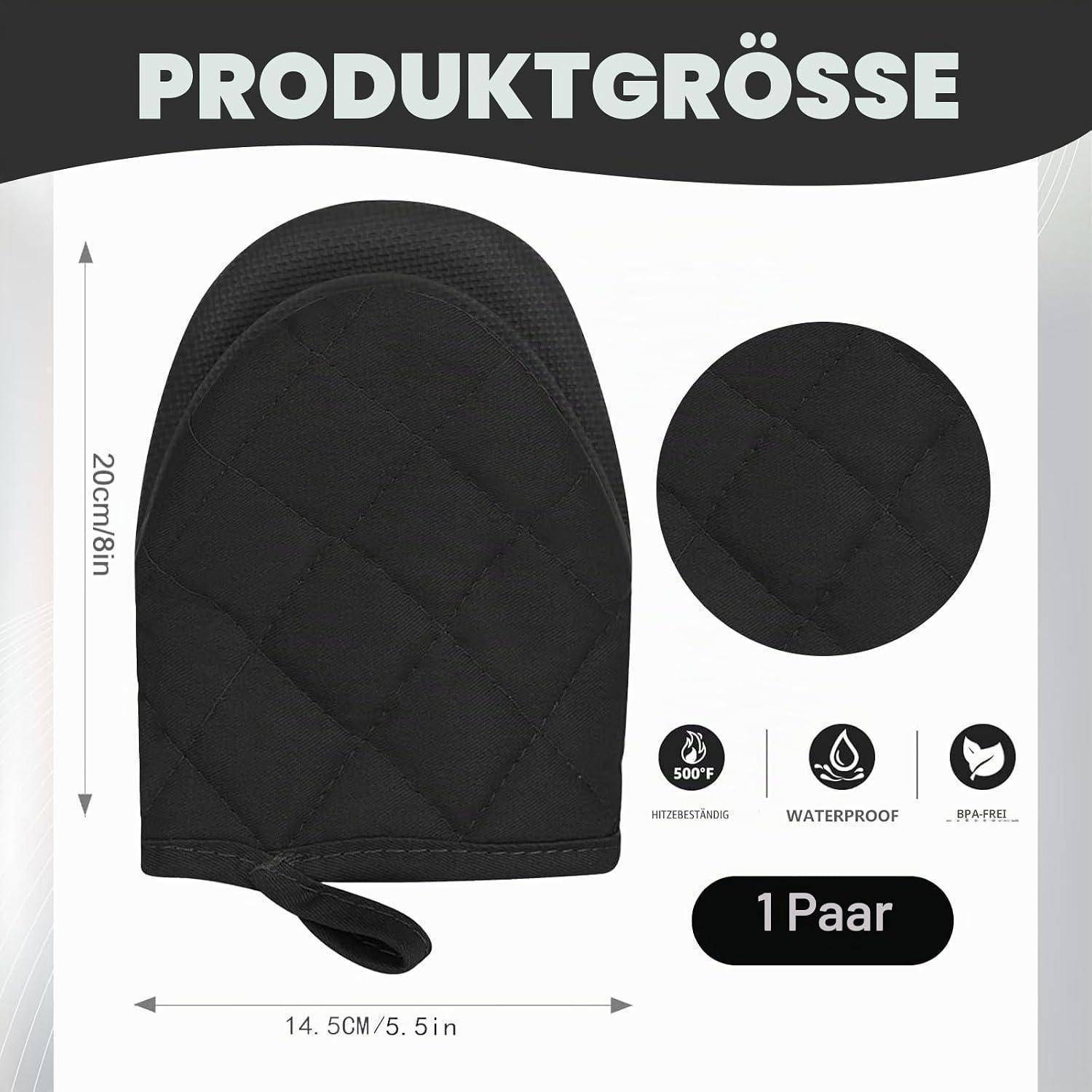 2x Ofenhandschuhe 500°C hitzebeständig, rutschfest, Baumwolle, Schwarz