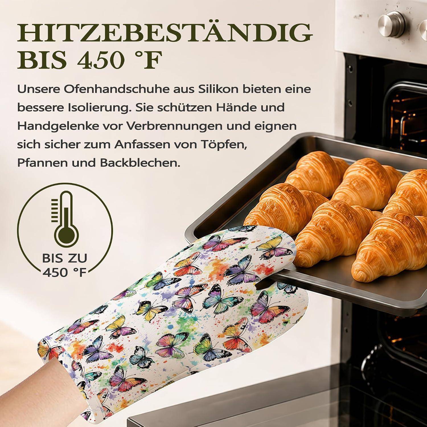 Anzeige mit einem Silikon-Backhandschuh mit Schmetterlingsmuster, der ein heißes Backblech mit Croissants aus einem Ofen greift; Der Text besagt, dass er bis zu 450°F hitzebeständig ist und Hände und Handgelenke schützt.