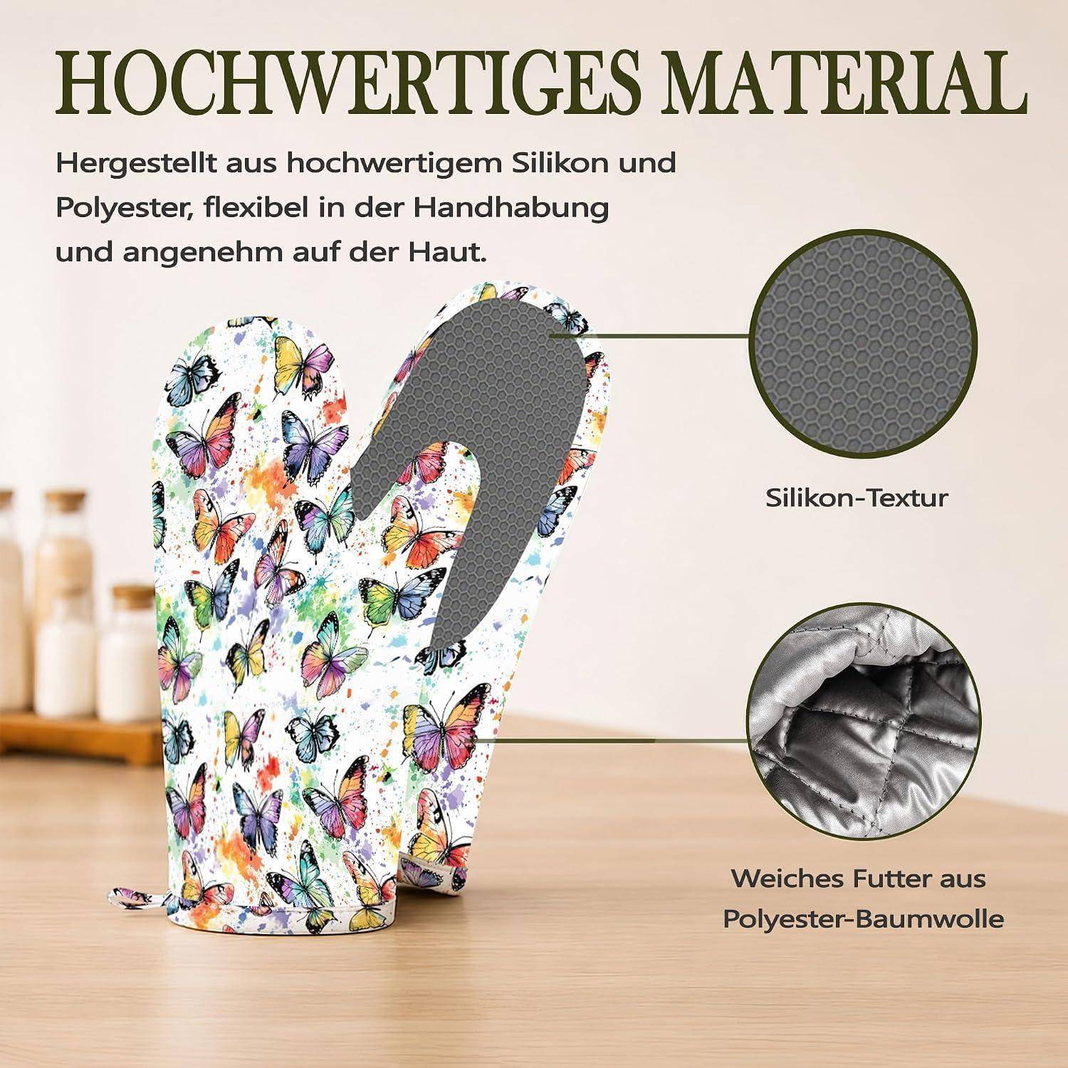 4er-Set Ofenhandschuhe Topflappen hitzebeständig Silikon rutschfest Aquarell Schmetterlinge