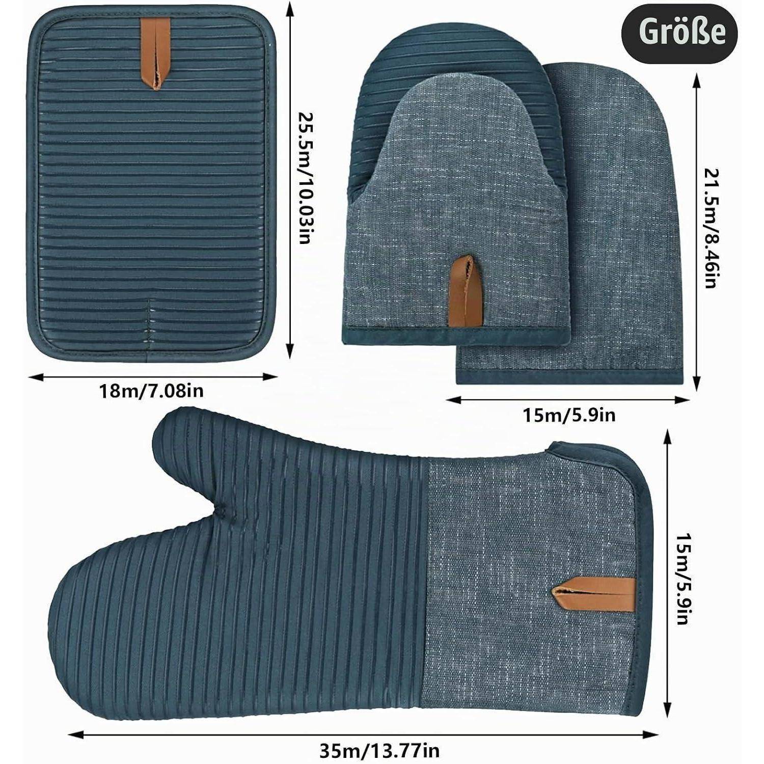 Größentabelle mit einem blaugrauen Ofenhandschuh-Set: Handschuh 35 x 15 cm, Topflappen 18 x 25,5 cm und ein kleineres Pad 15 x 21,5 cm, mit Maßangaben in cm und Zoll.