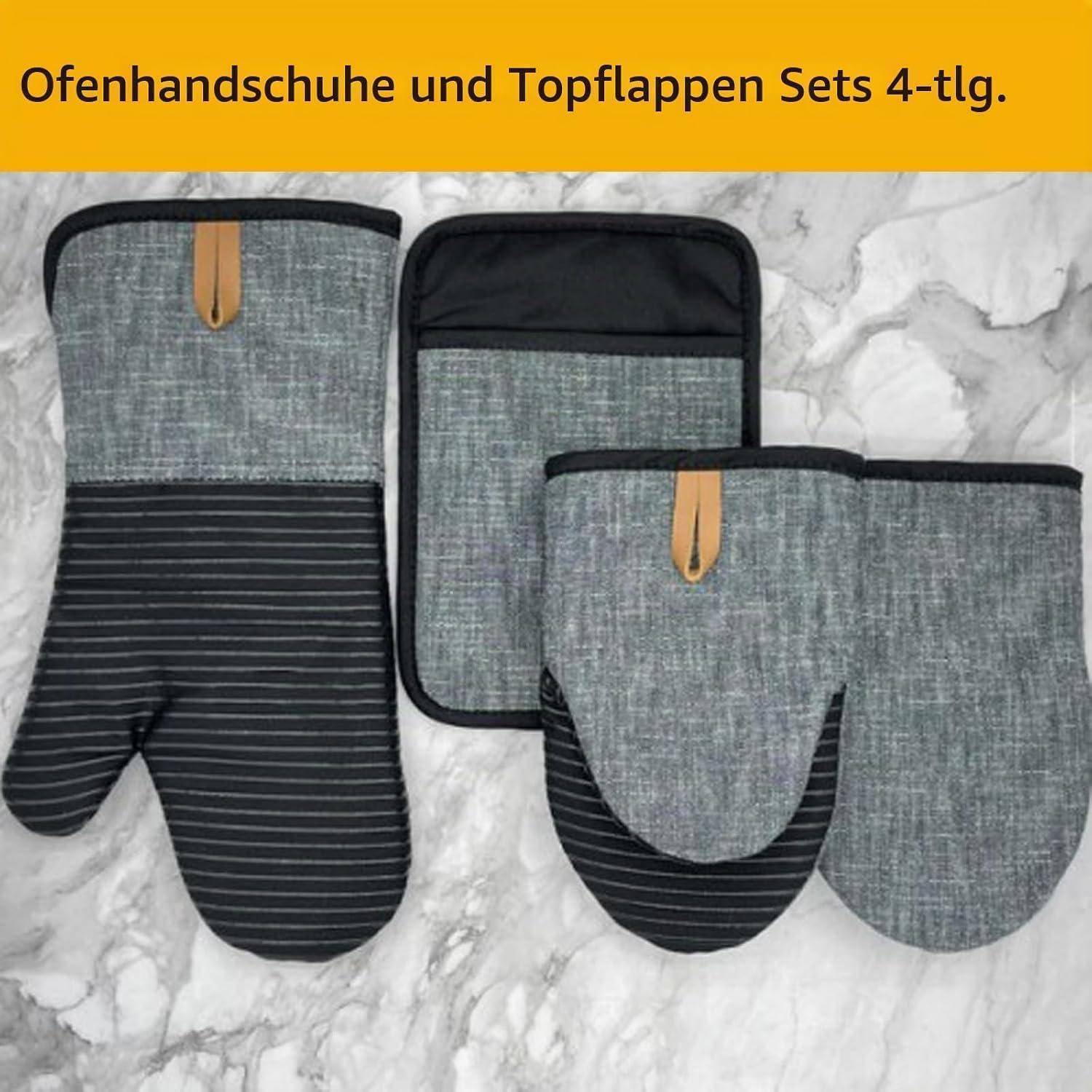 Satz aus vier grau-schwarzen Ofenhandschuhen und Topflappen mit Aufhängeschleifen auf einem Marmor-Hintergrund; Text lautet „Ofenhandschuhe und Topflappen Sets 4-tlg.