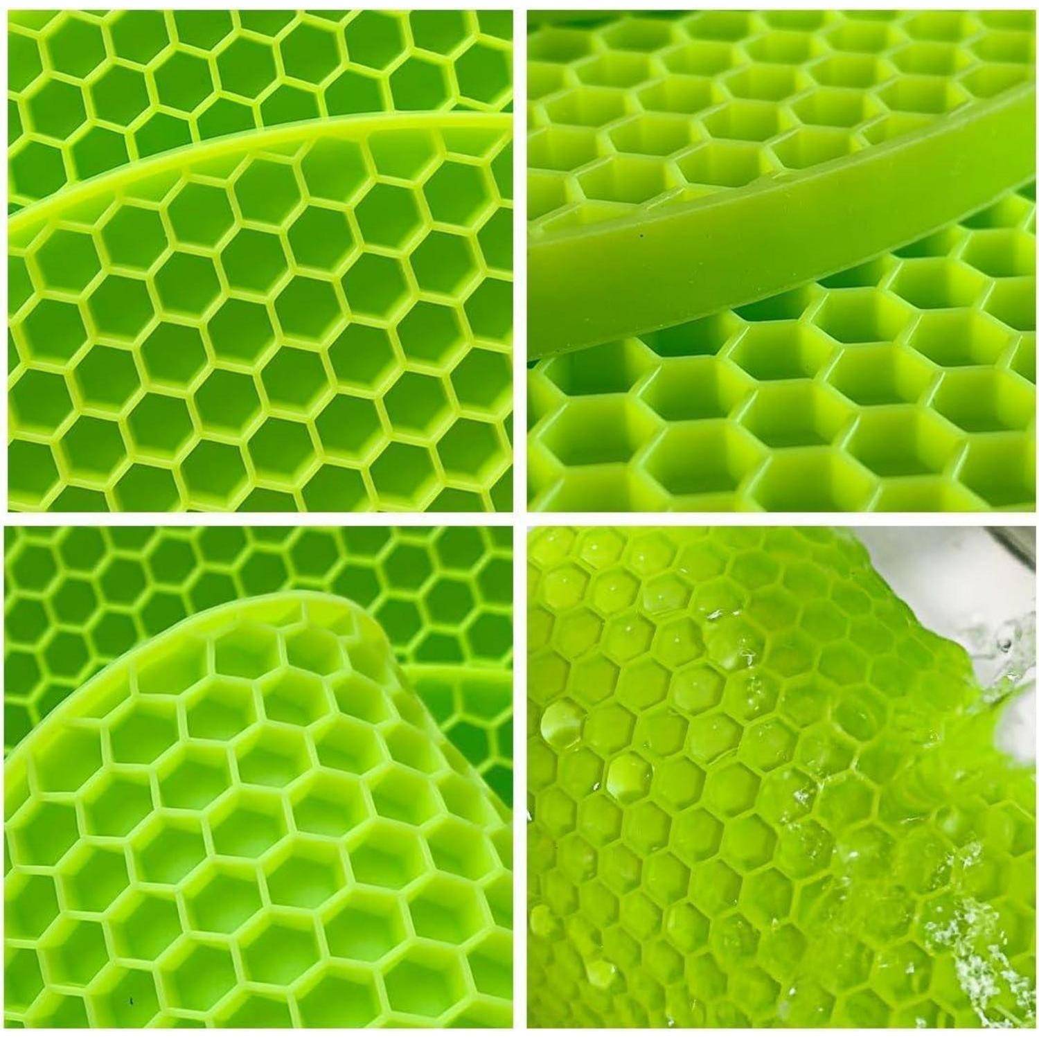 Makrocollage aus leuchtend grüner, wabenenartiger sechseckiger Textur, dargestellt in vier Nahaufnahmen mit Tropfen und gekrümmten Oberflächen.