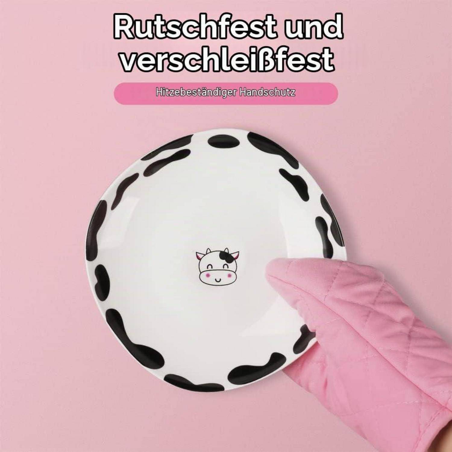 Rosa Ofenhandschuh, der einen weißen Kuhflecken-hitzebeständigen Handschutz hält; deutscher Text sagt „Rutschfest und verschleißfest