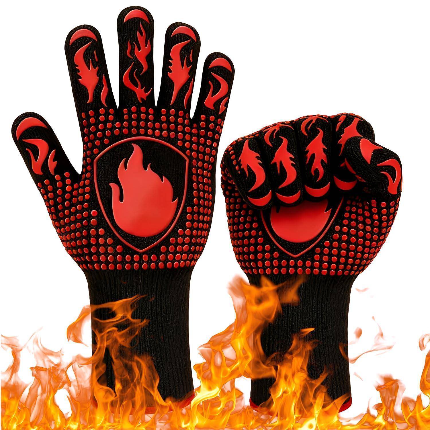 Paar schwarze und rote feuerfeste Handschuhe mit Flammen am unteren Rand dargestellt, eine offene Hand und eine erhobene Faust.
