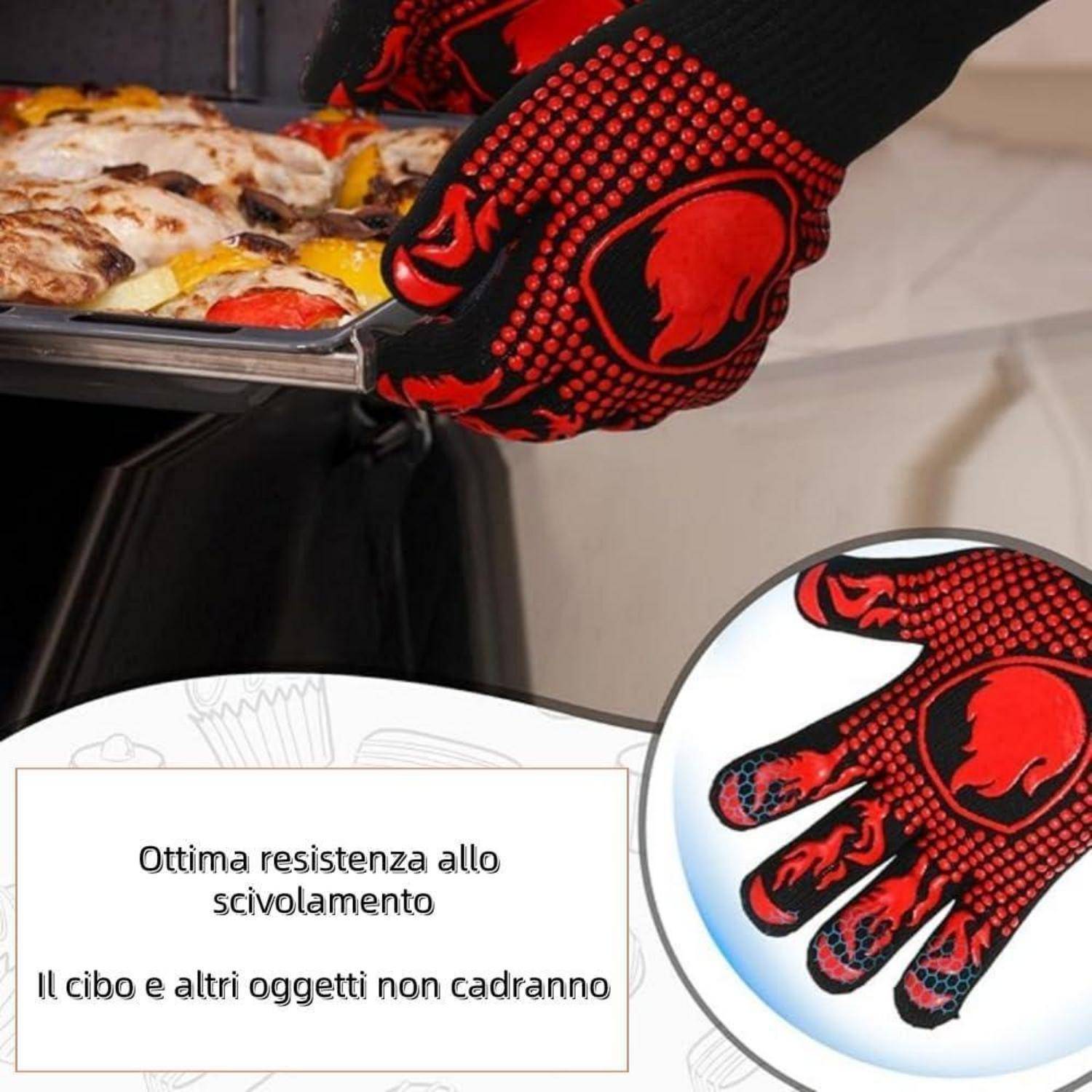 Behandschuhte Hand greift ein heißes Backblech; die Bildeinlage zeigt den roten rutschfesten Ofenhandschuh und italienischen Text über hervorragende Rutschfestigkeit, die verhindert, dass Lebensmittel herunterfallen.