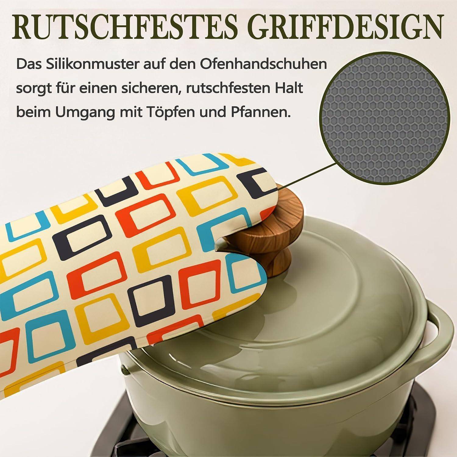 Silikonofenhandschuh mit strukturierter Grifffläche, der einen Topf hält; der deutsche Text besagt, dass das Griffdesign ein sichereres, rutschfestes Handling von Töpfen und Pfannen ermöglicht.