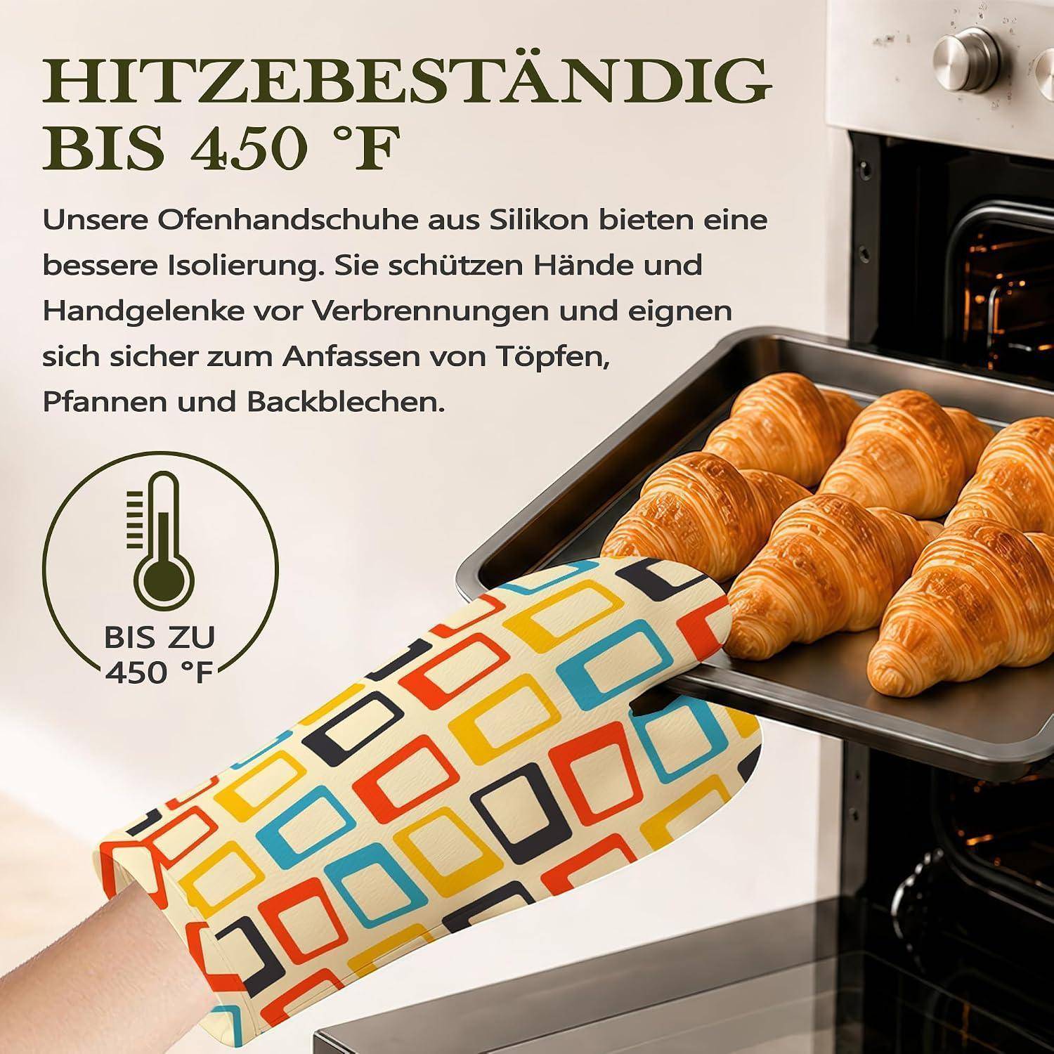 Anzeige für Silikon-Ofenhandschuhe, die eine Hand zeigen, die ein heißes Backblech mit Croissants hält. Der Text sagt hitzebeständig bis zu 450°F und sicher zum Anfassen von Pfannen und Blechen.