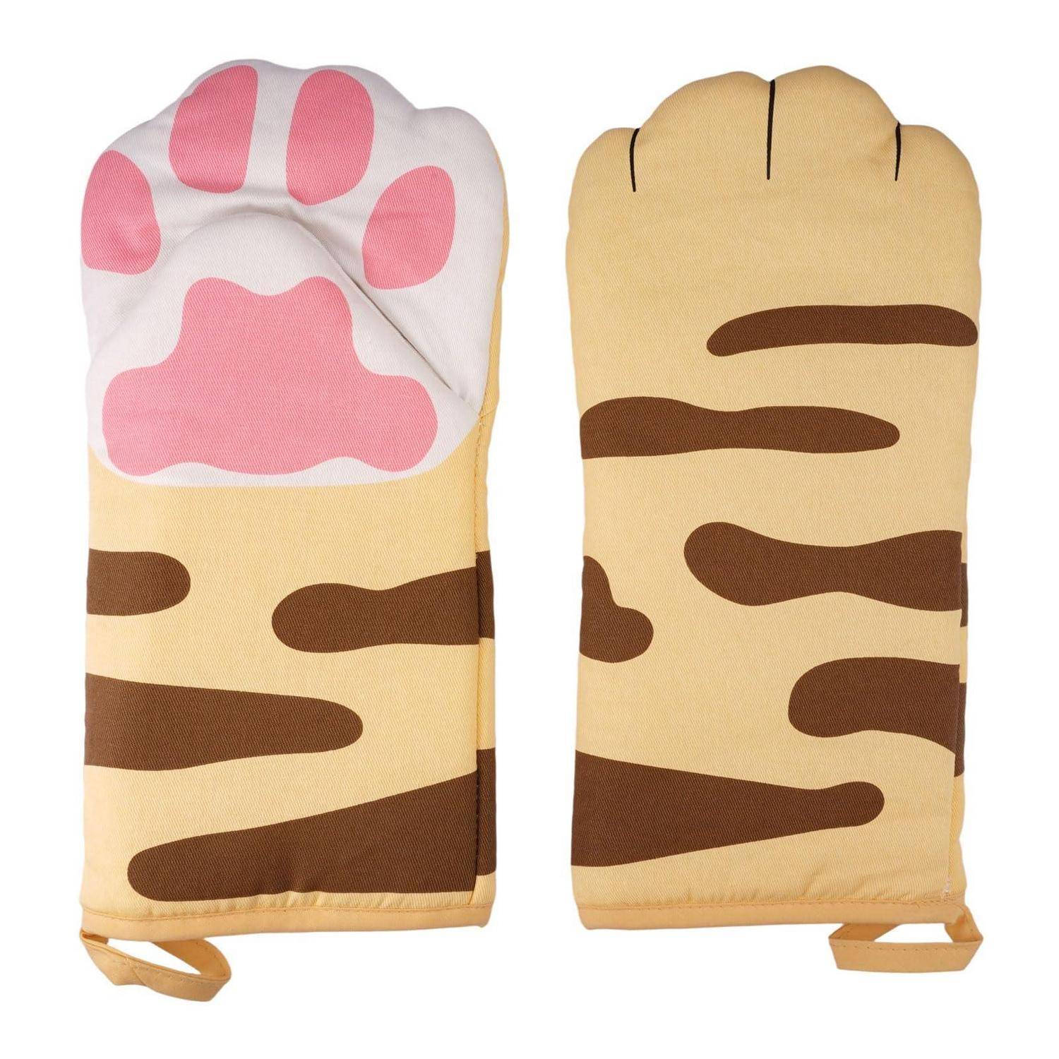 Paar Katzenpfoten-Ofenhandschuhe, einer mit rosa Pfotenballen auf der Handfläche und der andere mit Tigerstreifen auf der Rückseite.