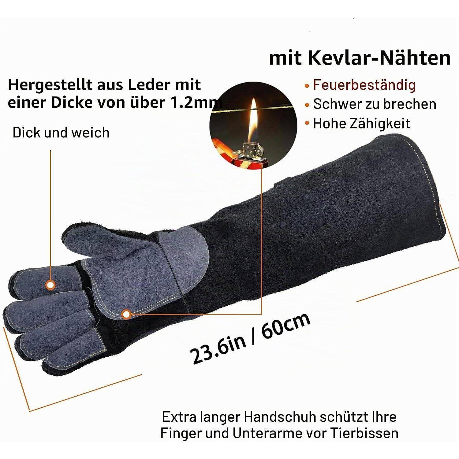 Werbebild eines langen Schutzhandschuhs zur Tierhaltung mit Kevlar-Nähten, dickem Leder, flammenbeständig und langlebig; 23,6 Zoll/60 cm, schützt Finger und Unterarm vor Bissen.