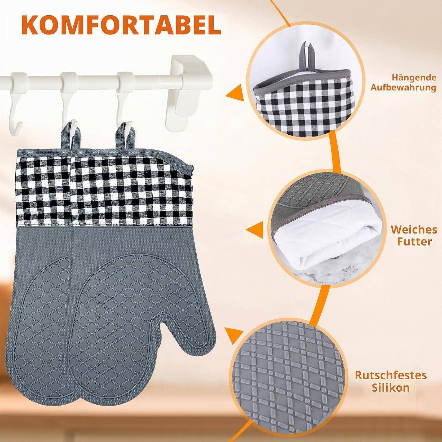 Werbebild eines grauen Ofenhandschuhs mit schwarz-weißem kariertem Bündchen, das an einem Haken hängt und die Aufhängungsmöglichkeit, die weiche Fütterung und den rutschfesten Silikongriff hervorhebt.