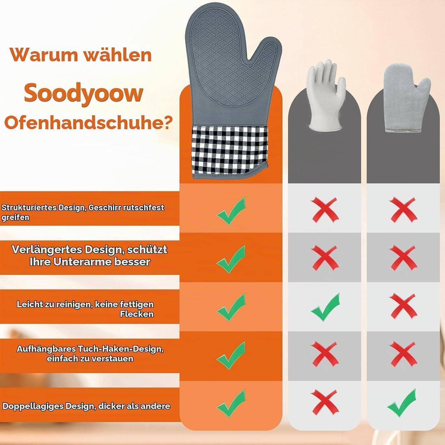 Grafische Produktvergleich für Soodyoow Ofenhandschuhe, die fünf Funktionen mit grünen Häkchen zeigt im Vergleich zu zwei konkurrierenden Handschuhen, die mit roten Xs gekennzeichnet sind.