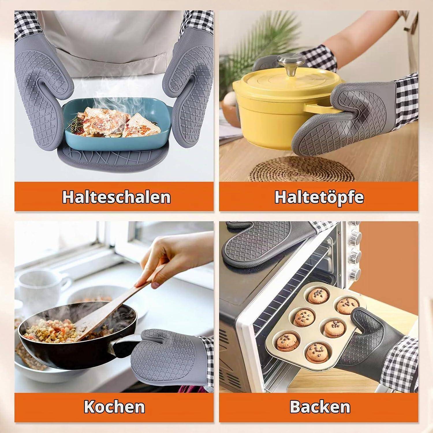 Vierteilige Küchenhandschuh-Anzeige zeigt graue hitzebeständige Fäustlinge, die eine heiße Schüssel halten, einen Topf, Essen umrühren und ein Backblech aus dem Ofen nehmen.