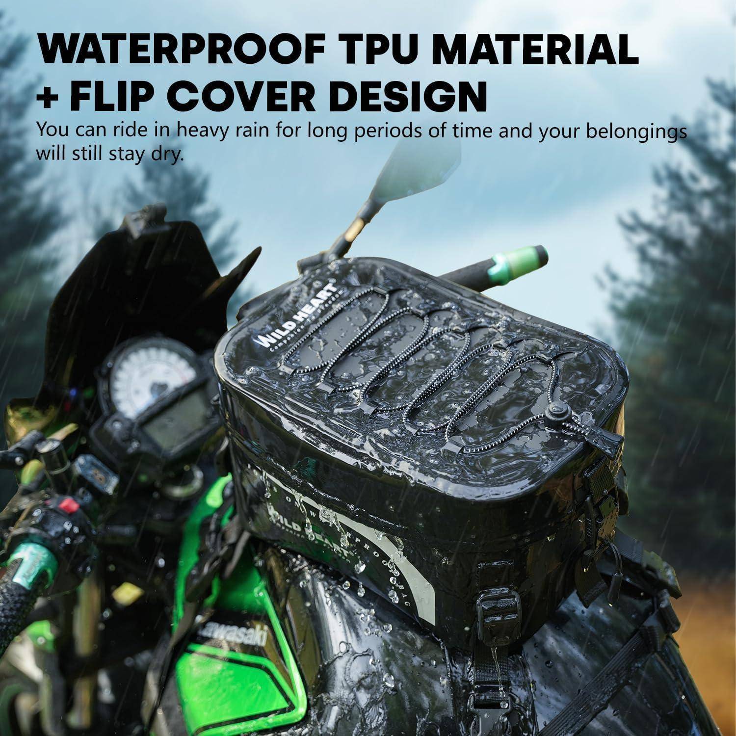 Regennasses Motorrad-Tankrucksack mit Umschlagdeckel, das wasserdichtes TPU-Material bewirbt, das Gegenstände trocken hält.