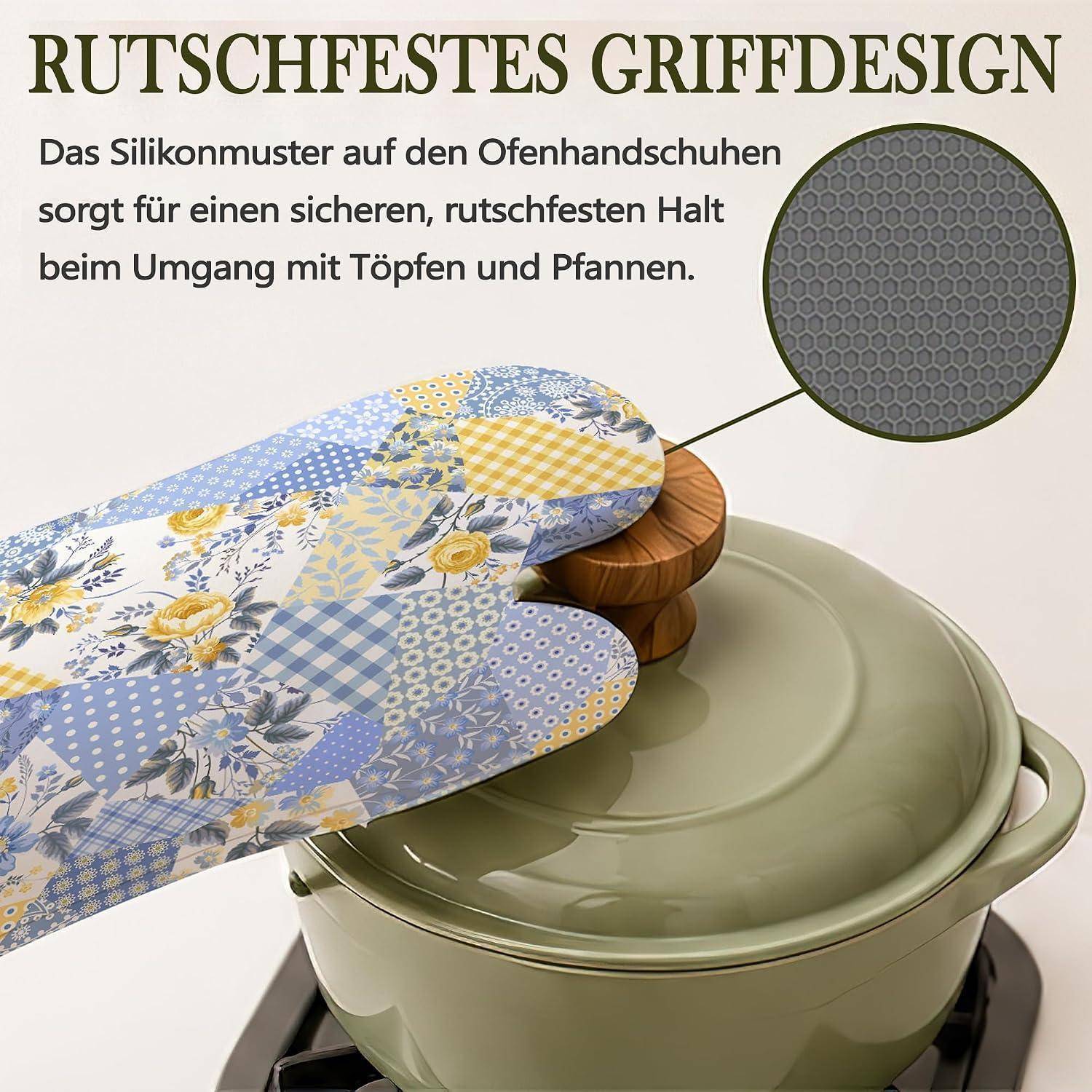 Rutschfeste Ofenhandschuhe mit einem Silikonmuster bieten einen sicheren Griff auf einem Topfdeckel; die Einleitung zeigt die strukturierte Griffoberfläche.