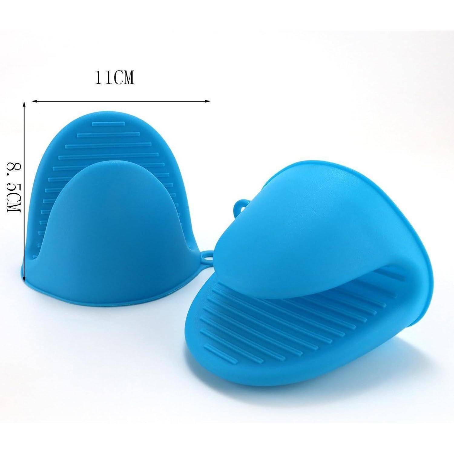Blaue Silikon-Ofenhandschuhe in Vorder- und Seitenansicht gezeigt, mit beschrifteten Abmessungen von 11 cm Breite und 8,5 cm Höhe.