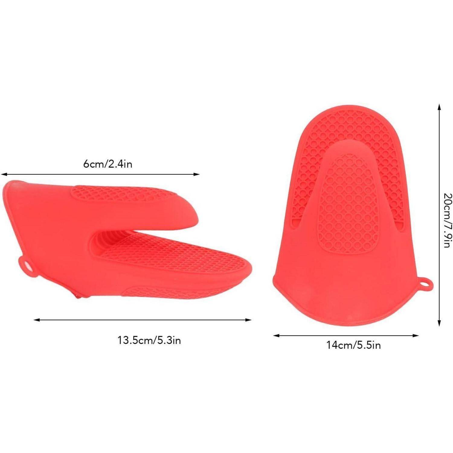 Rote Silikon-Mini-Ofenhandschuh, dargestellt in Seiten- und Draufsicht mit Abmessungen: 13,5 cm lang, 14 cm breit und 20 cm hoch.