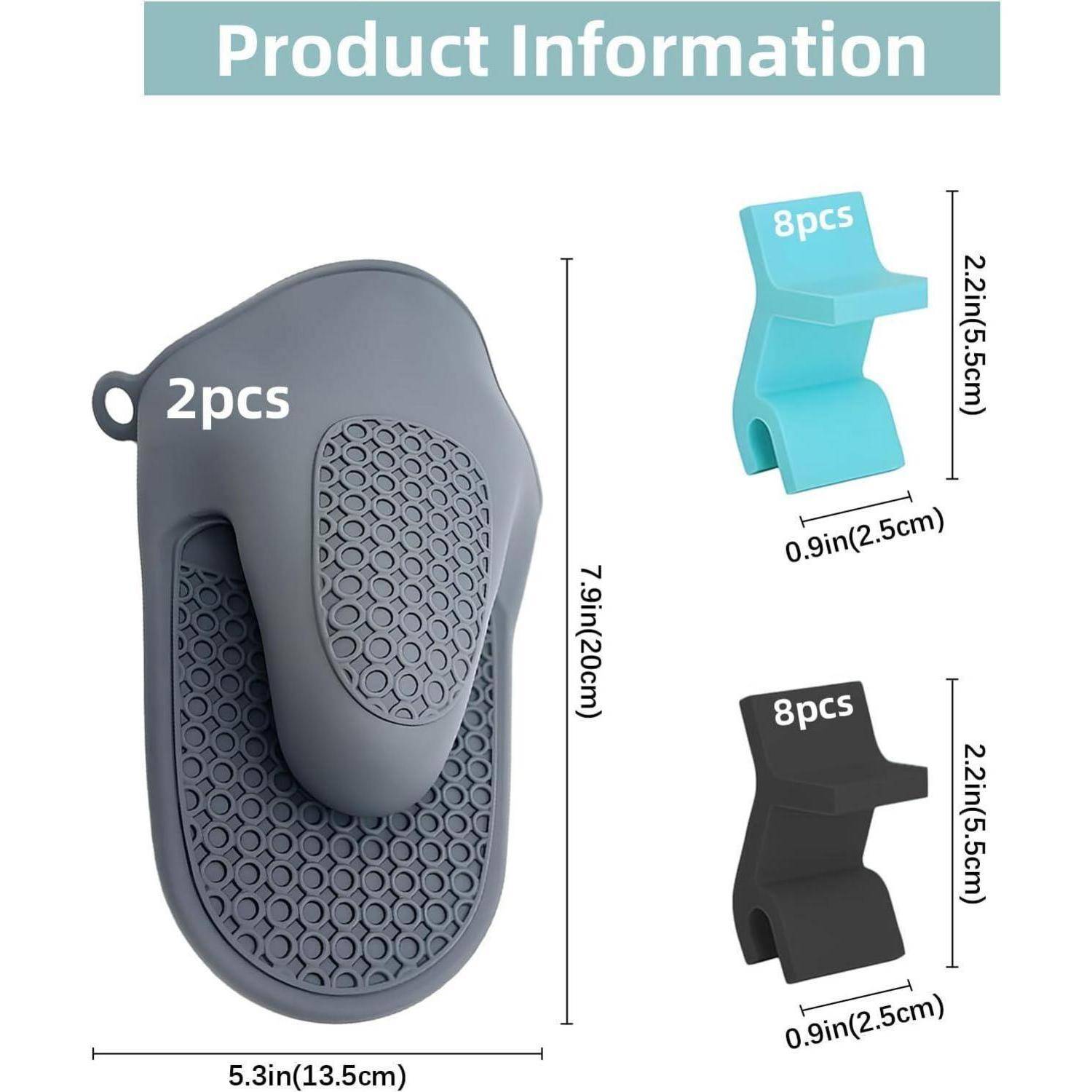 Produktinformationsgrafik zeigt einen grauen Silikon-Schrubbhandschuh, 7,9 x 5,3 Zoll, plus zwei kleine clipähnliche Teile in Blau und Schwarz, jeweils mit der Bezeichnung 8 Stück und 2,2 x 0,9 Zoll.