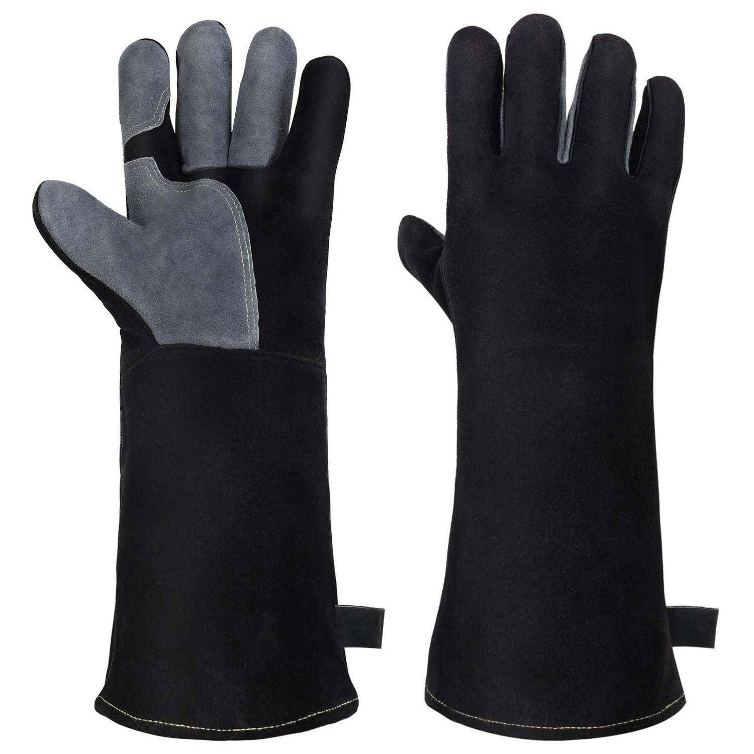 Paar schwarze Schweißhandschuhe mit grau verstärkten Handflächen und langen Schutzmanschetten, von vorne und hinten auf weißem Hintergrund gezeigt.