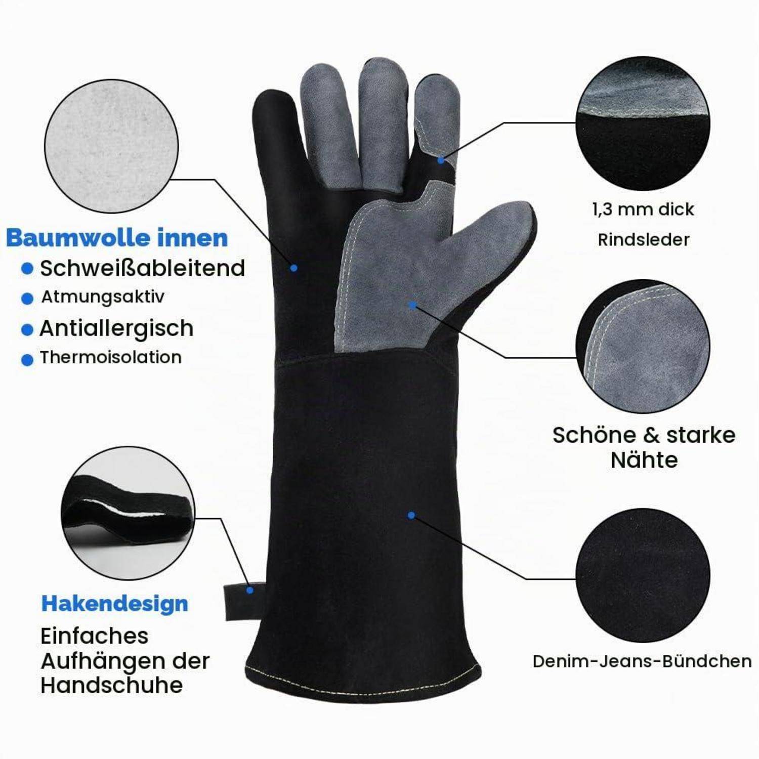 Annotierte Arbeitshandschuhe mit Merkmalen: Baumwollfutter, 1,3 mm dickes Rindsleder, strapazierfähige Nähte, Denimmanschette und Aufhängevorrichtung.